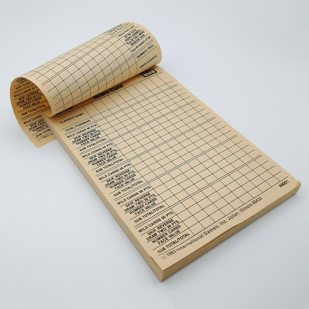 UNO Score Pad / 2 Sided Score Sheets in Box / 1984 Vintage International # 4001