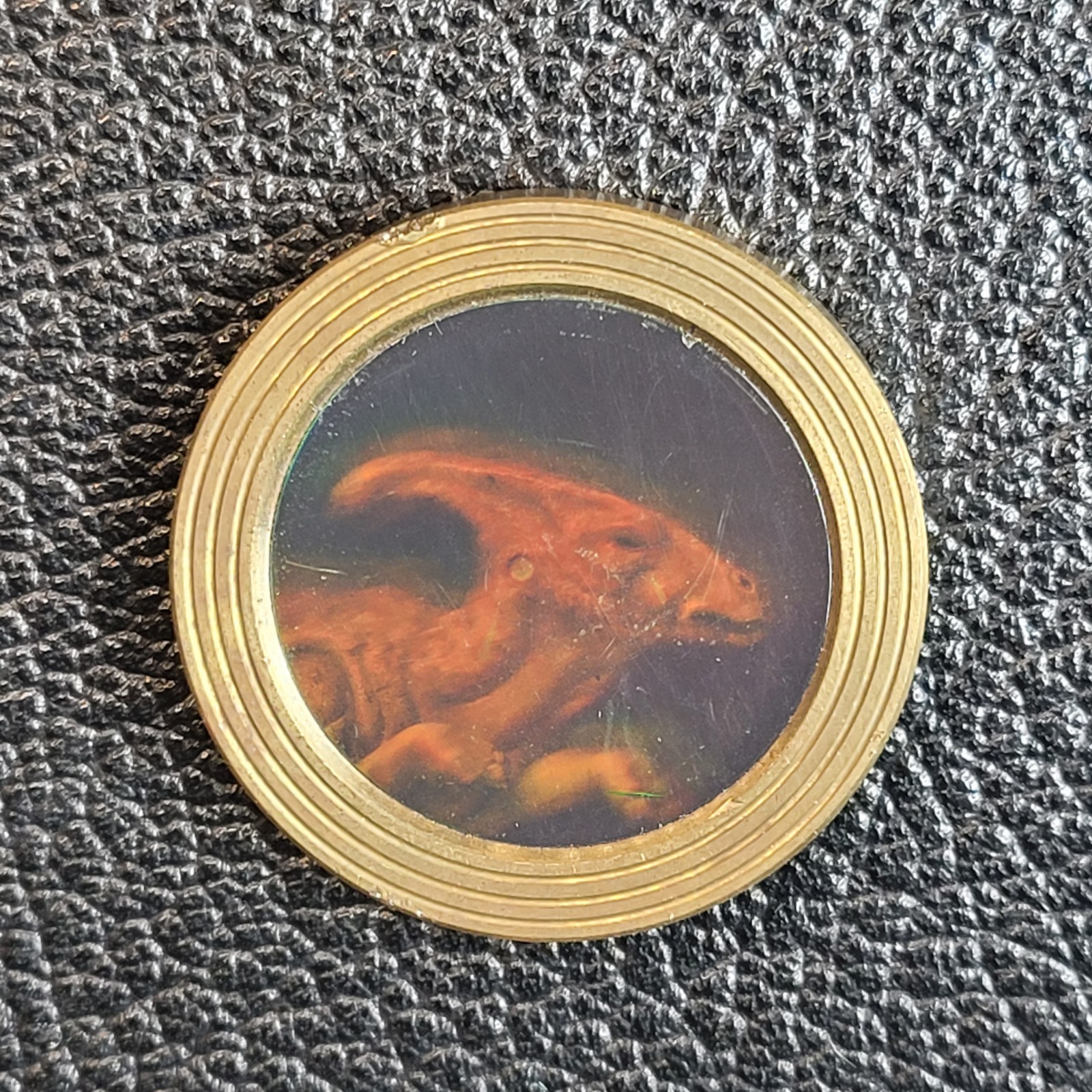 VINTAGE HEAVY BRASS PARASAUROLOPHUS DINOSAUR HOLOGRAM HOLOGRAPHIC POG SLAMMER