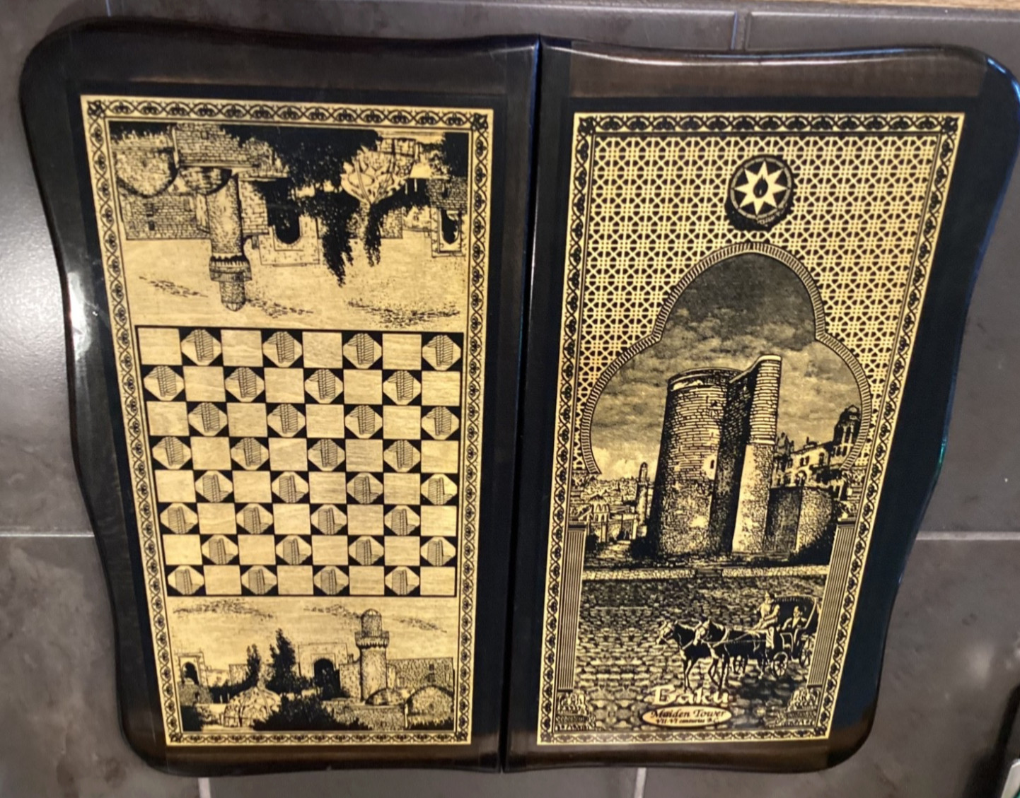 Vintage, handmade wooden Backgammon Set features maiden Tower in Baku Azerbaijan