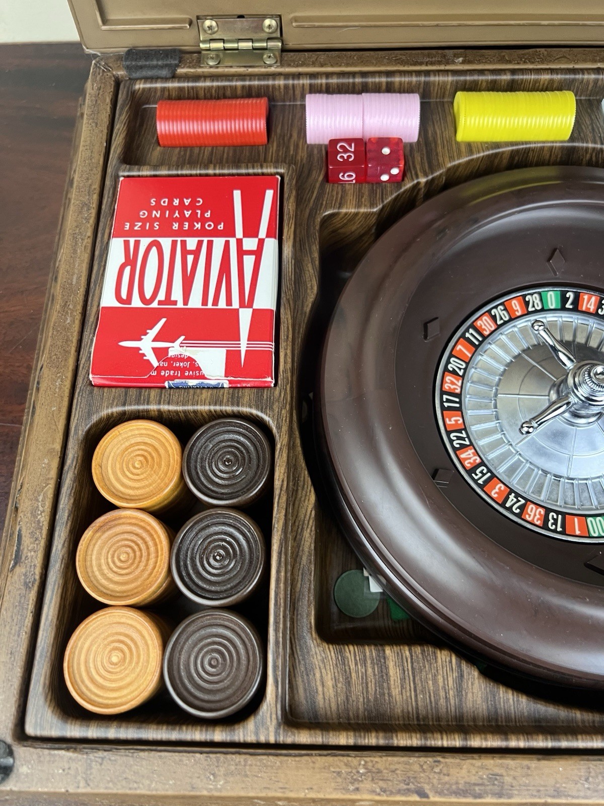 1970s Game Set w/ Box Chess Checkers Roulette Backgammon Dominoes Faux Wood