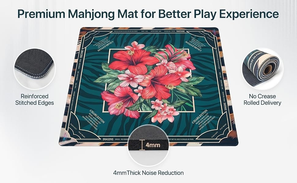 Mahjong Mat 4mm Extra Thick 33.5 Inch Non-Slip Rubber Rolled Printed Rules & Bag