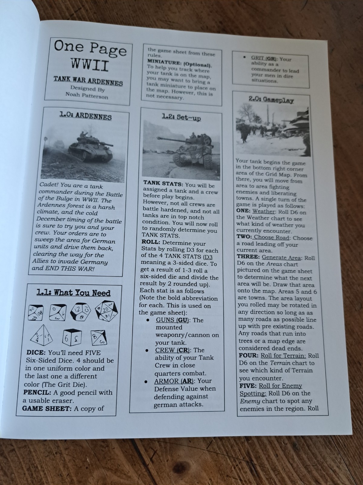 New “One Page WW2 Tank War Ardennes War Game By Noah Patterson NEW