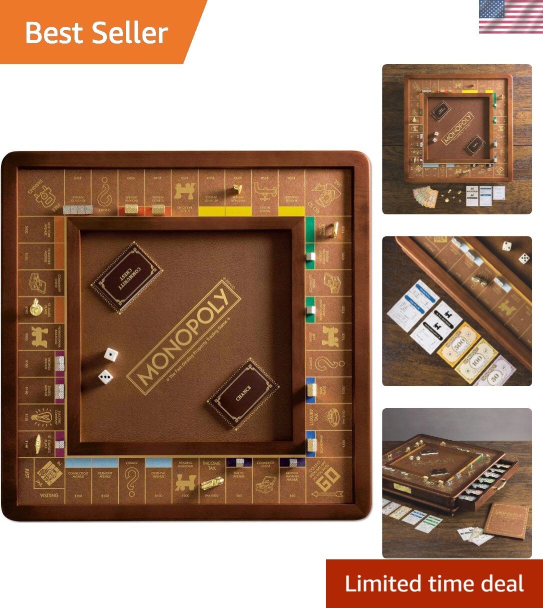 Monopoly Luxury Edition with Burl Finished Wood Cabinet