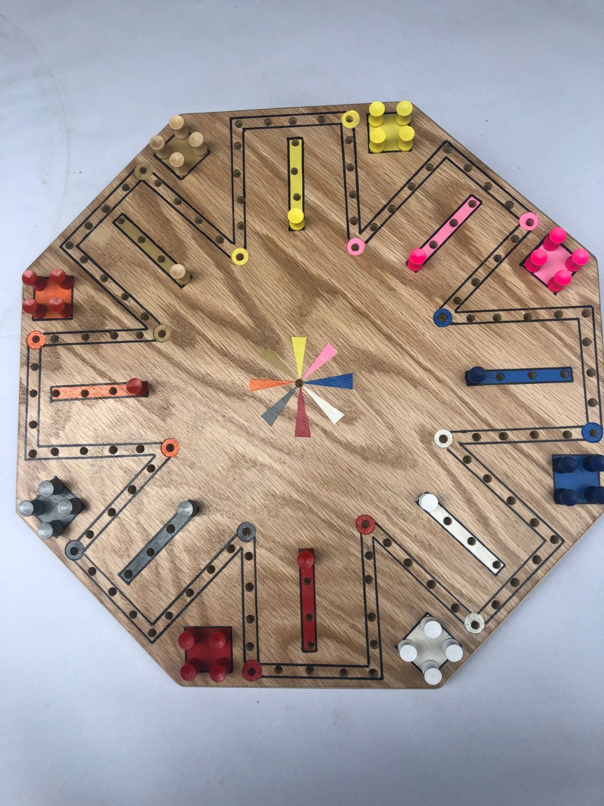 6 / 8 Player Oak Double Sided Aggravation Wood Game Board, 17″ Wide Hand Crafted