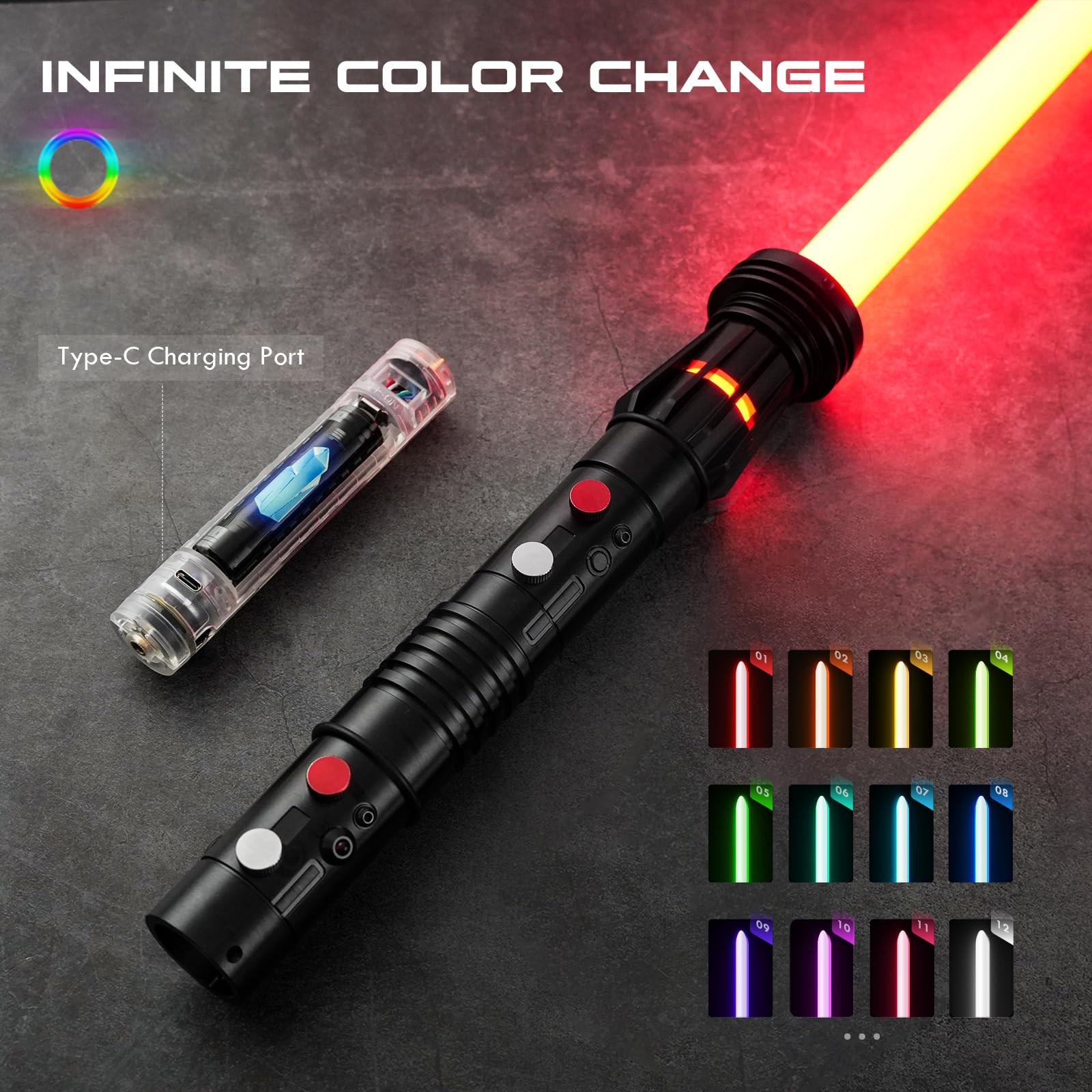 Light Saber Double Blades RGB 3.0 Smooth Swing 16 Sound Fonts Black DAMIENSABER