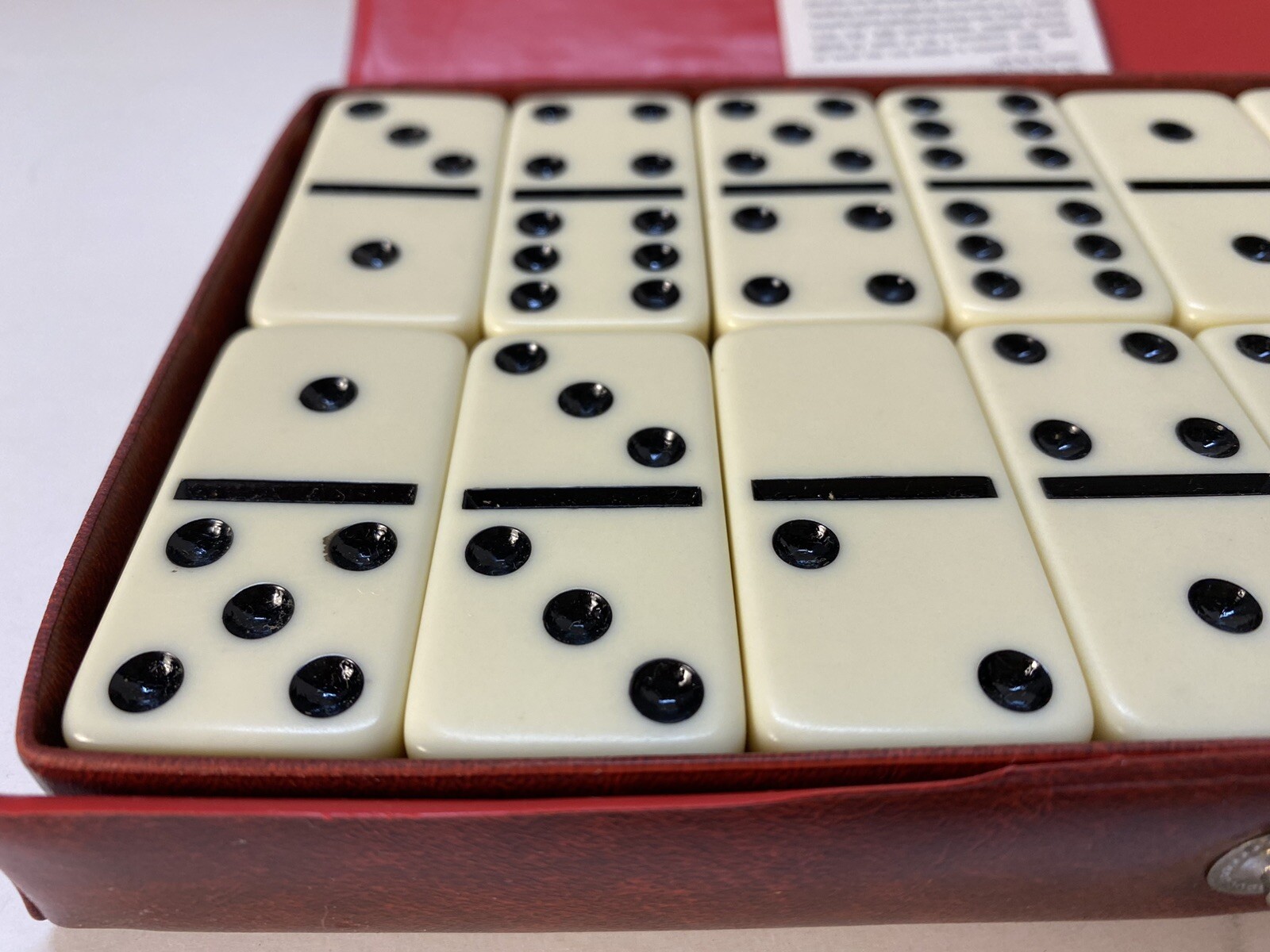 Dominoes Cardinal 28 Ivory White Pieces w/ Red Vinyl Case, instructions, box~Vtg