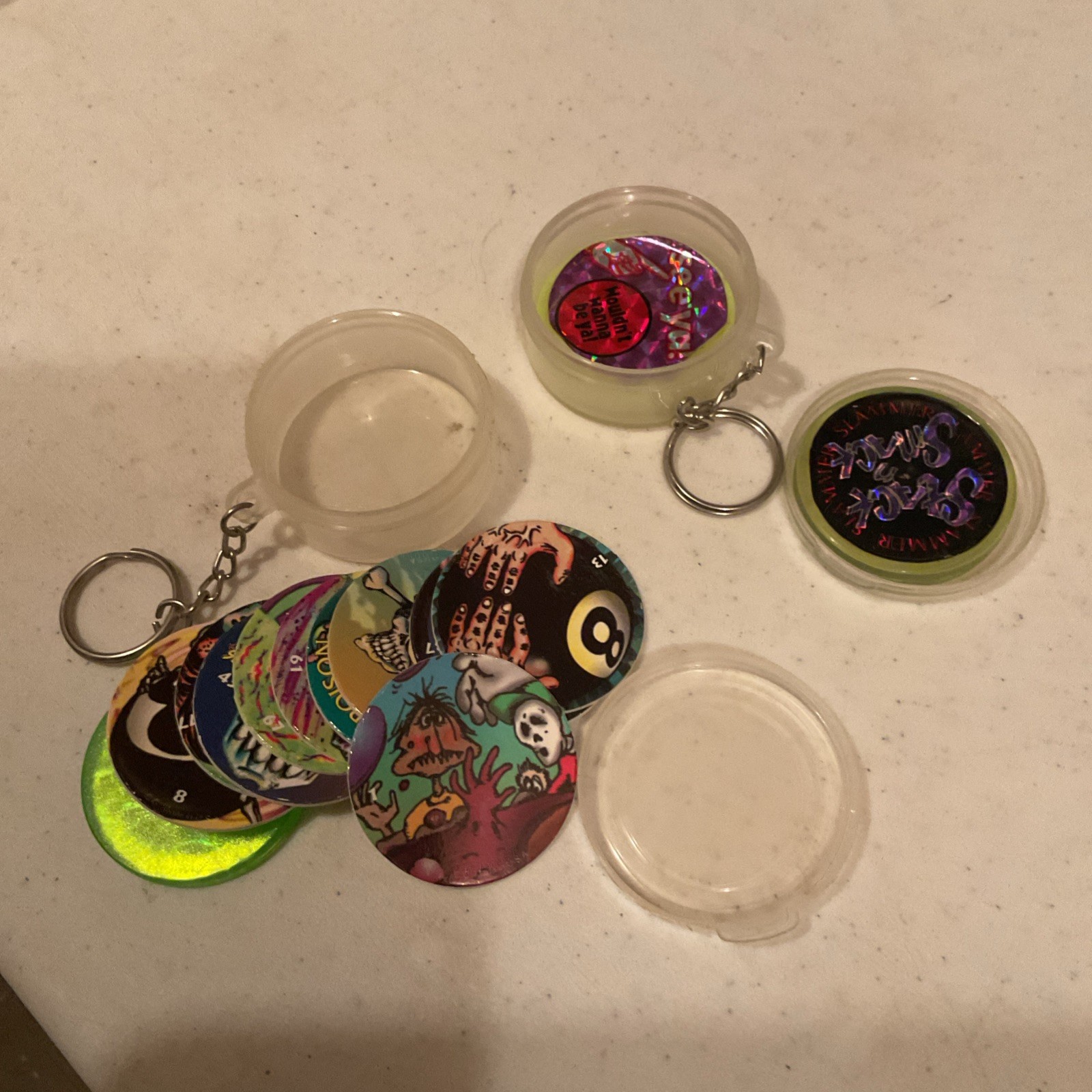 2 Vintage POG Game Pieces Slammers Storage Container Keychain Pogs Keyring Lot