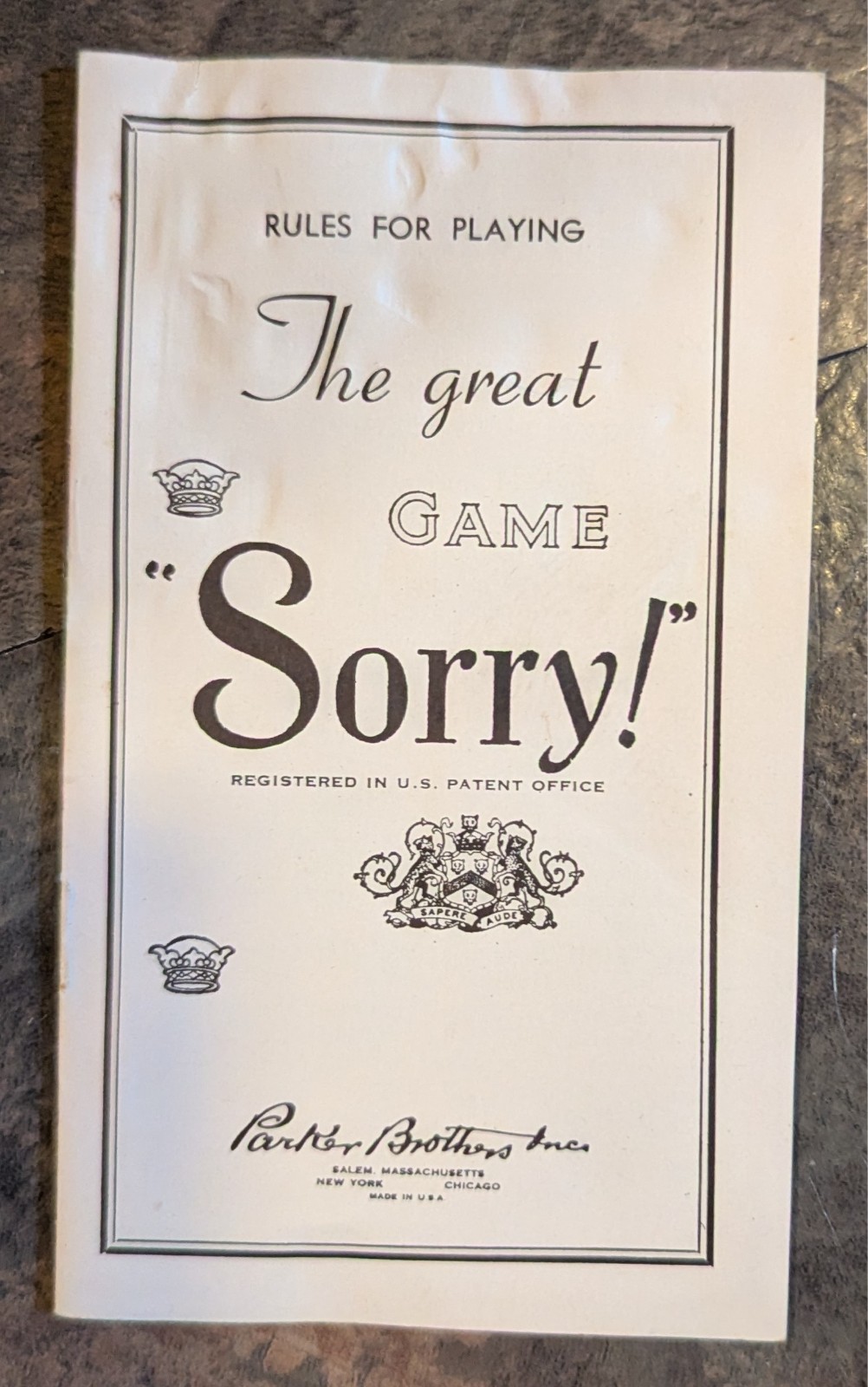 VTG 1950 Parker Brothers Sorry! Game With Box Cards Rules Wooden Pawns NO Board