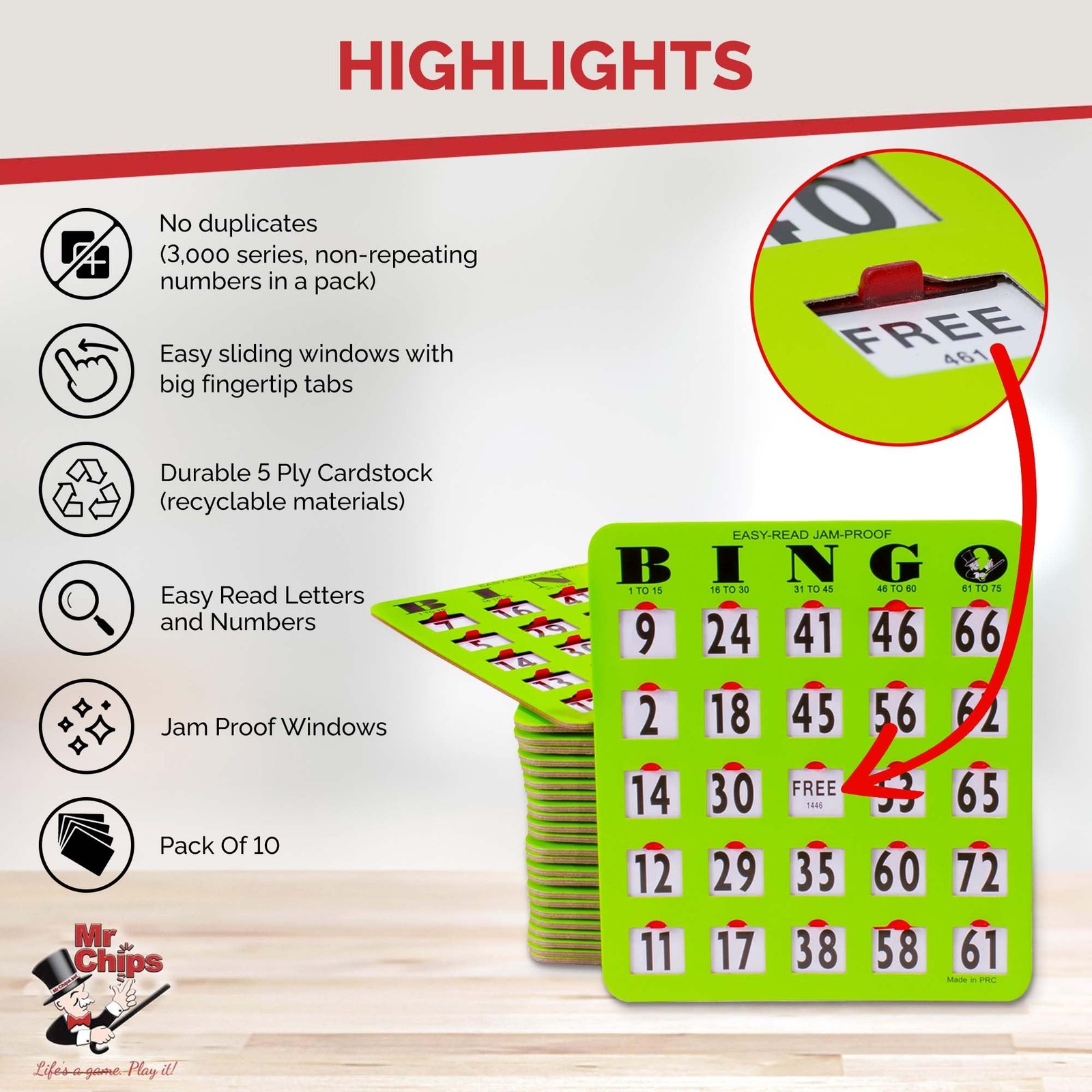 Jam-Proof Large Print Bingo Cards with Sliding Windows, 10 Pack, Green