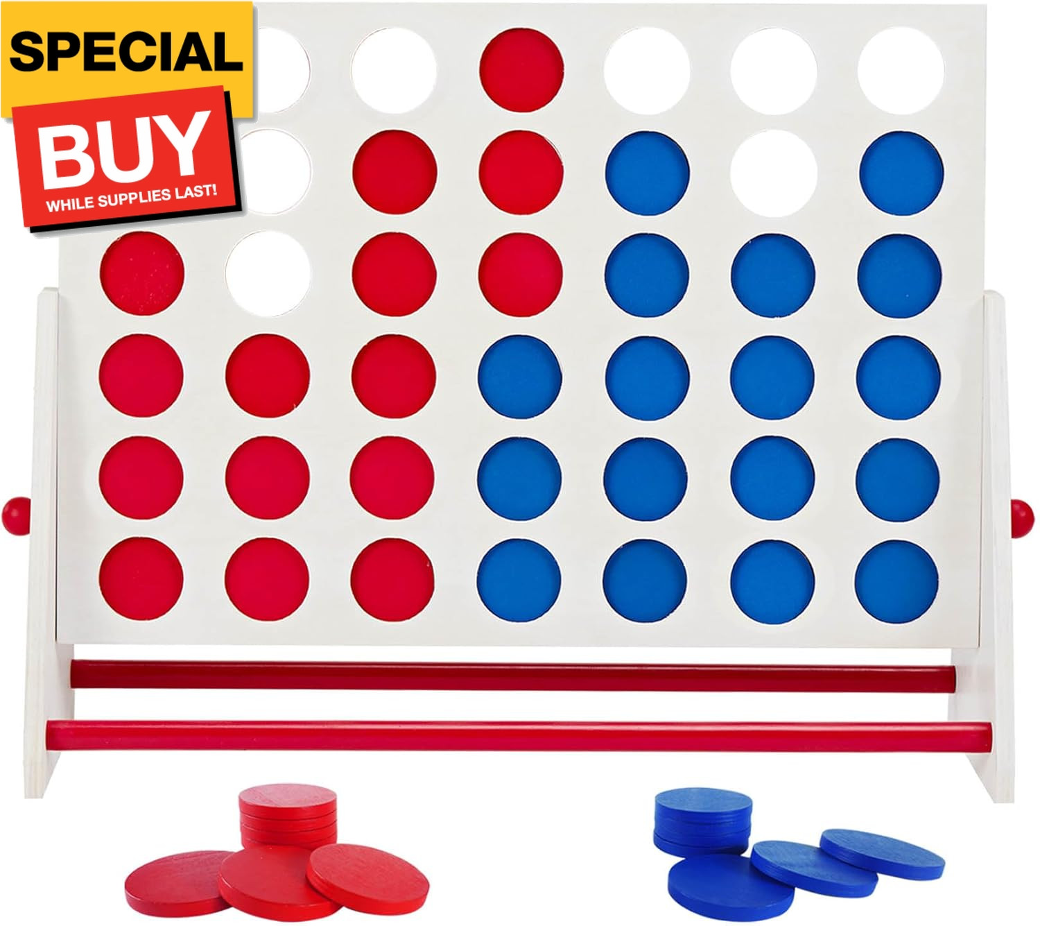 Portable Wooden 4 in a Row Game, Classic Wooden 4-to-Score Game Set with Coins &