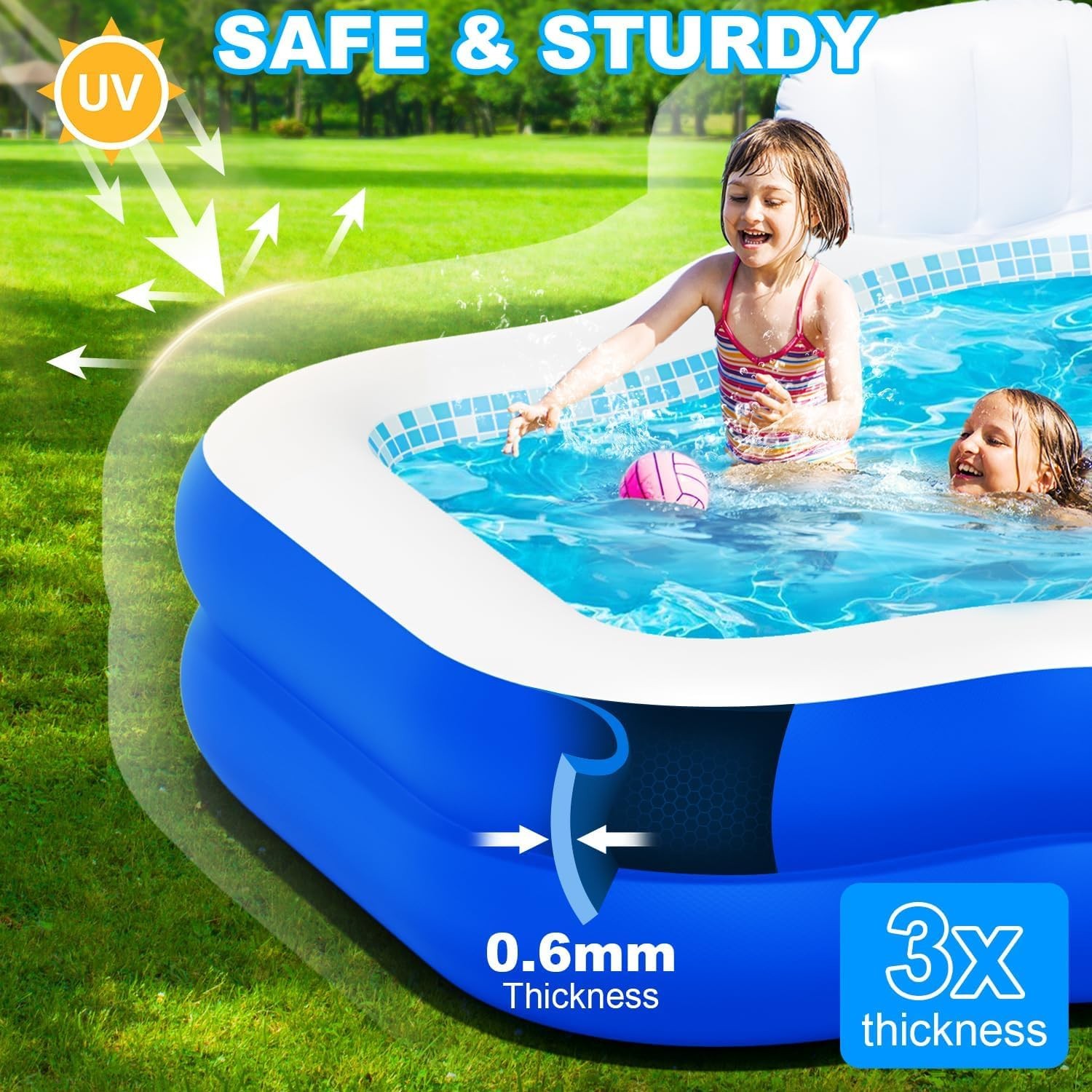 Inflatable Swimming Pool 10.1FT x 7.5FT Heavy Duty XL Light Blue SPA015