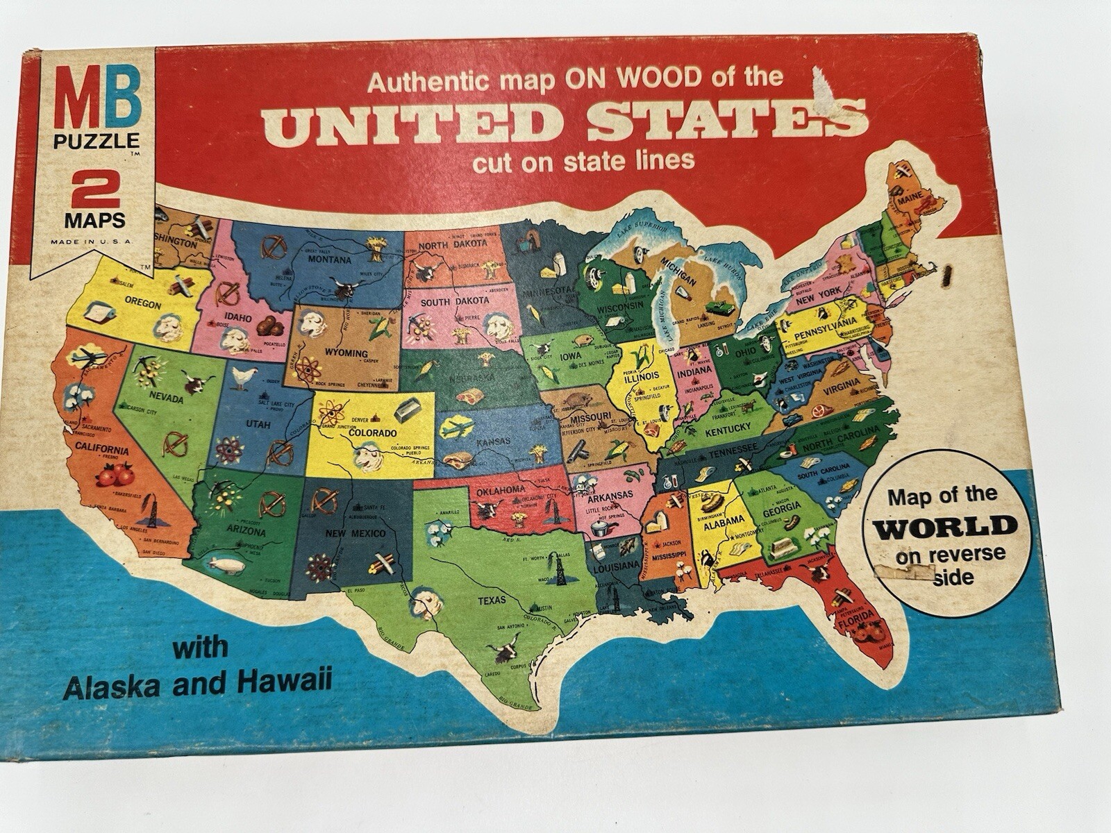 Vintage Wood Puzzle 1975 – Map of the United States and World (Reverse Side)