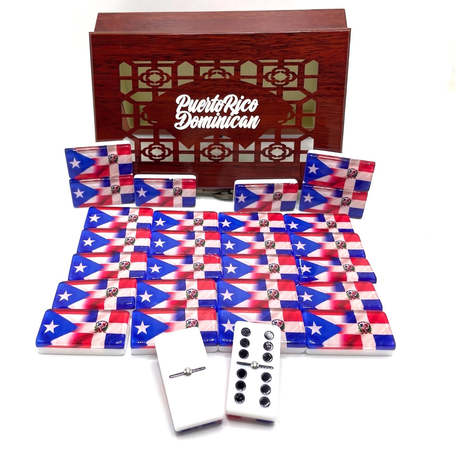 Premium Double Six Dominoes Set – Puerto Rico & Dominican Republic Flags – Resin