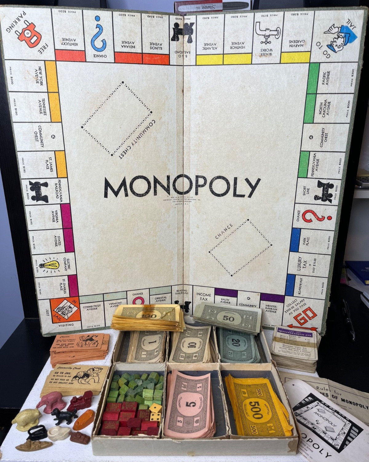 All ORIGINAL WWII Era Monopoly Game Composite Wood Pieces