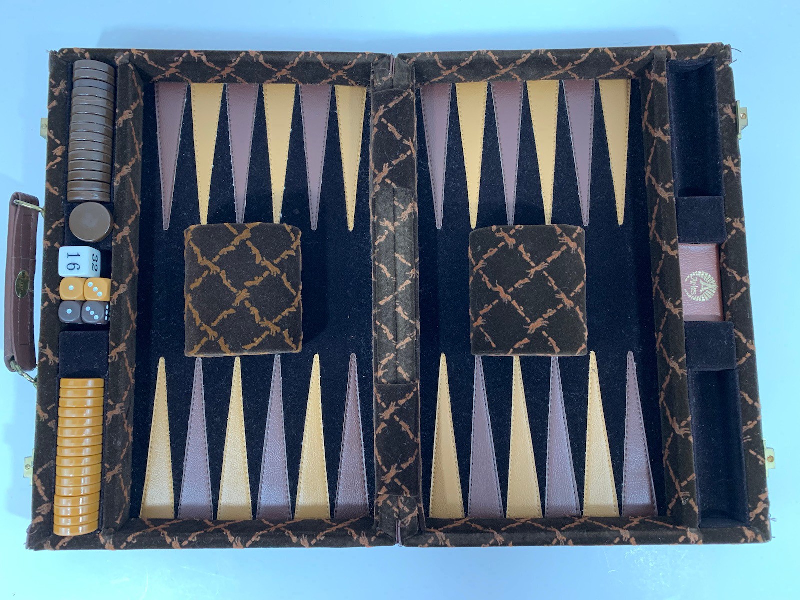 VTG Aries Of Beverly Hills Rare Longchamp Brown Velvet Travel Backgammon Set