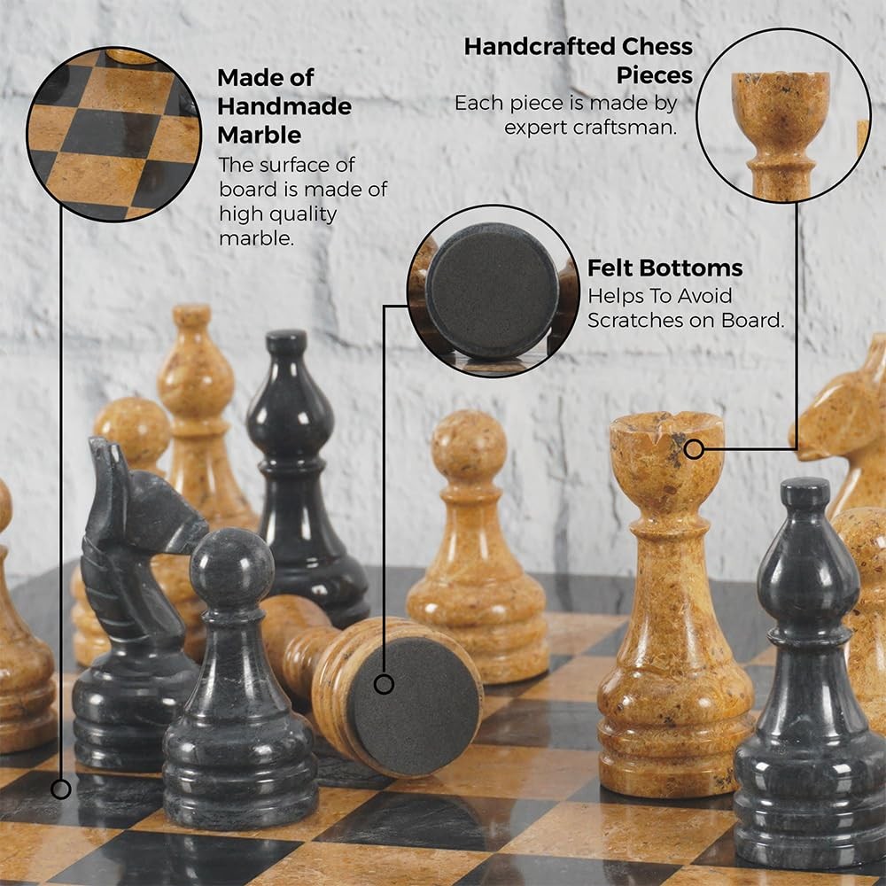 Radicaln Marble Chess Set 15 Inches Black and Golden Handmade Luxury Board