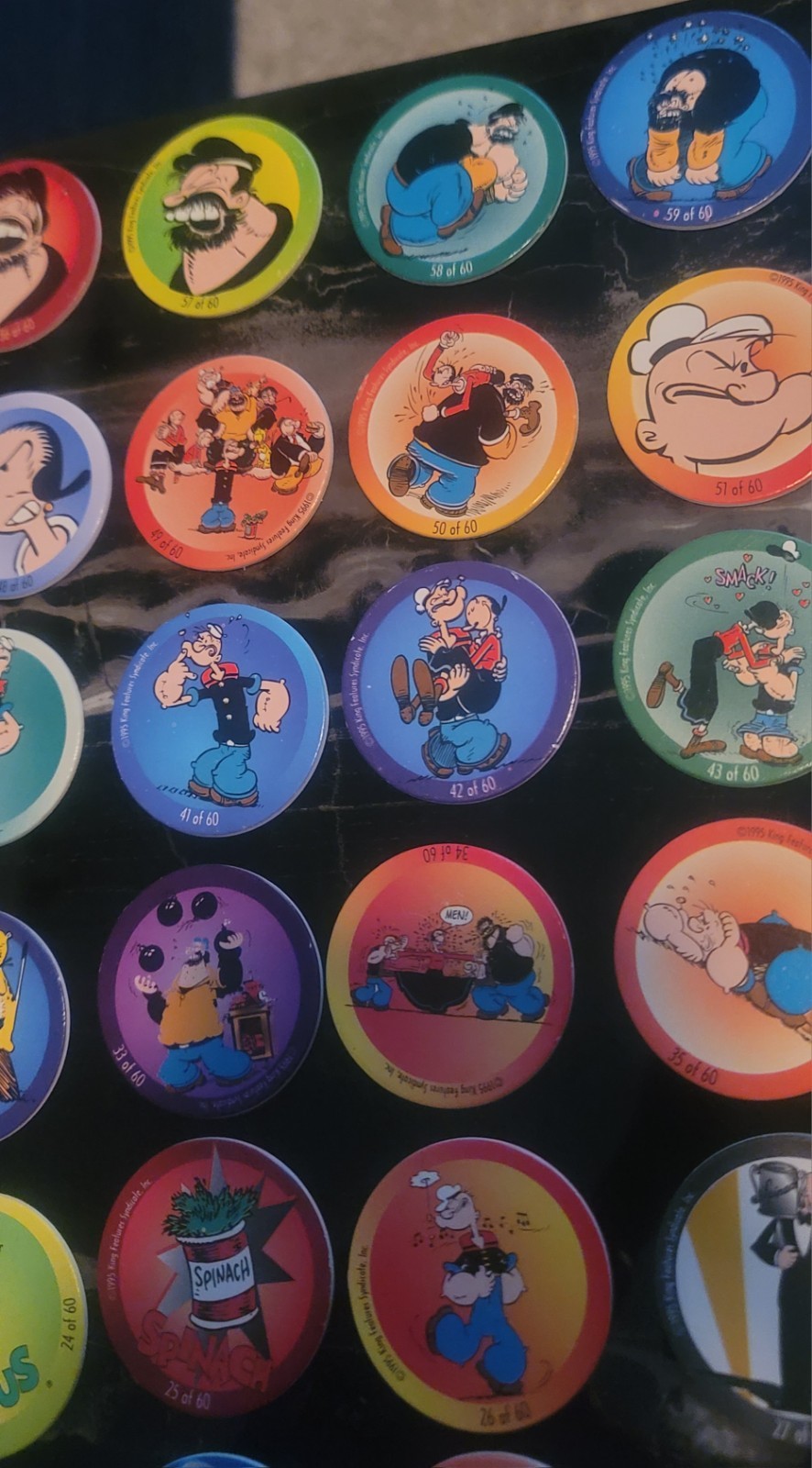1995 Popeye POGs Complete Set (1–60) + Hot Pink Tube Vintage 90s Milk Cap Game