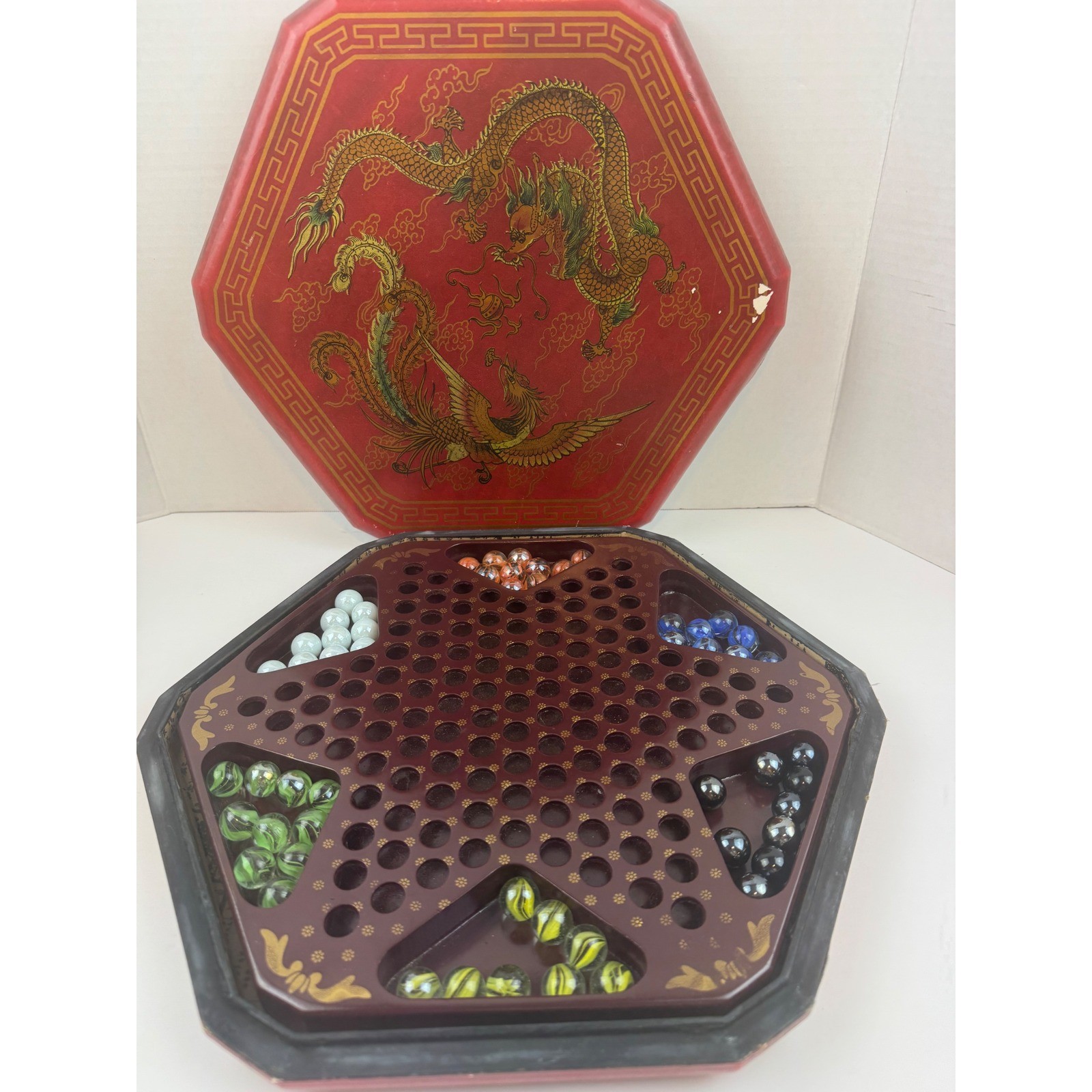 VTG Chinese Checkers Wood Box Set Dragon Phoenix Glass Marbles Some missing
