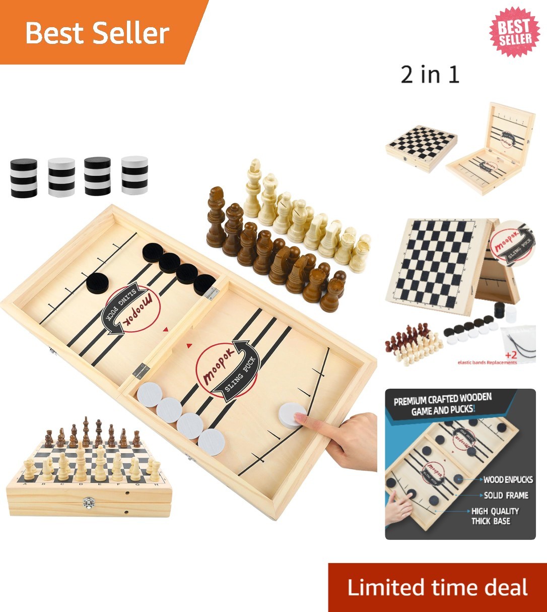 2-in-1 Fast Sling Puck Game & Chess – Wooden Battle Board for Family Fun