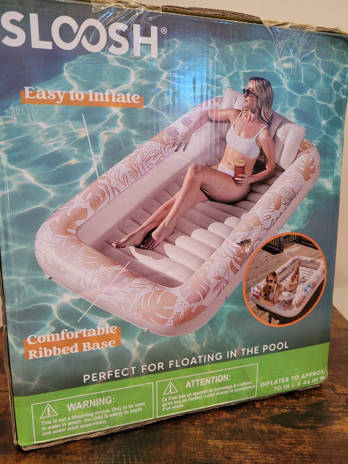 Inflatable Tanning Pool Lounger Float 70 x 46ADULT SIZE WITH PILLOW GOLD & WHITE