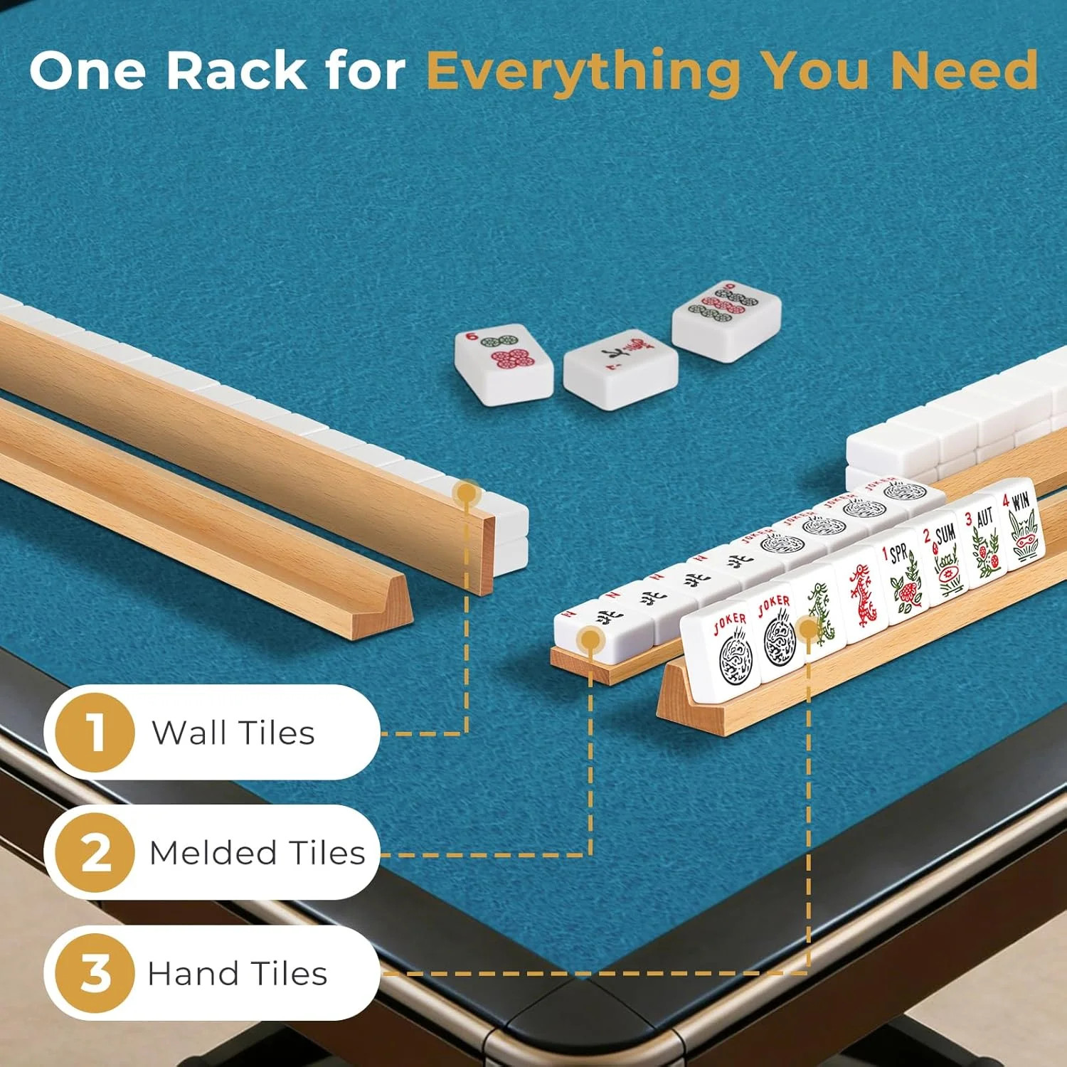 Mahjong Racks with Pushers Set of 4, All-In-One Tile Wooden Mahjong Racks 4 Stro