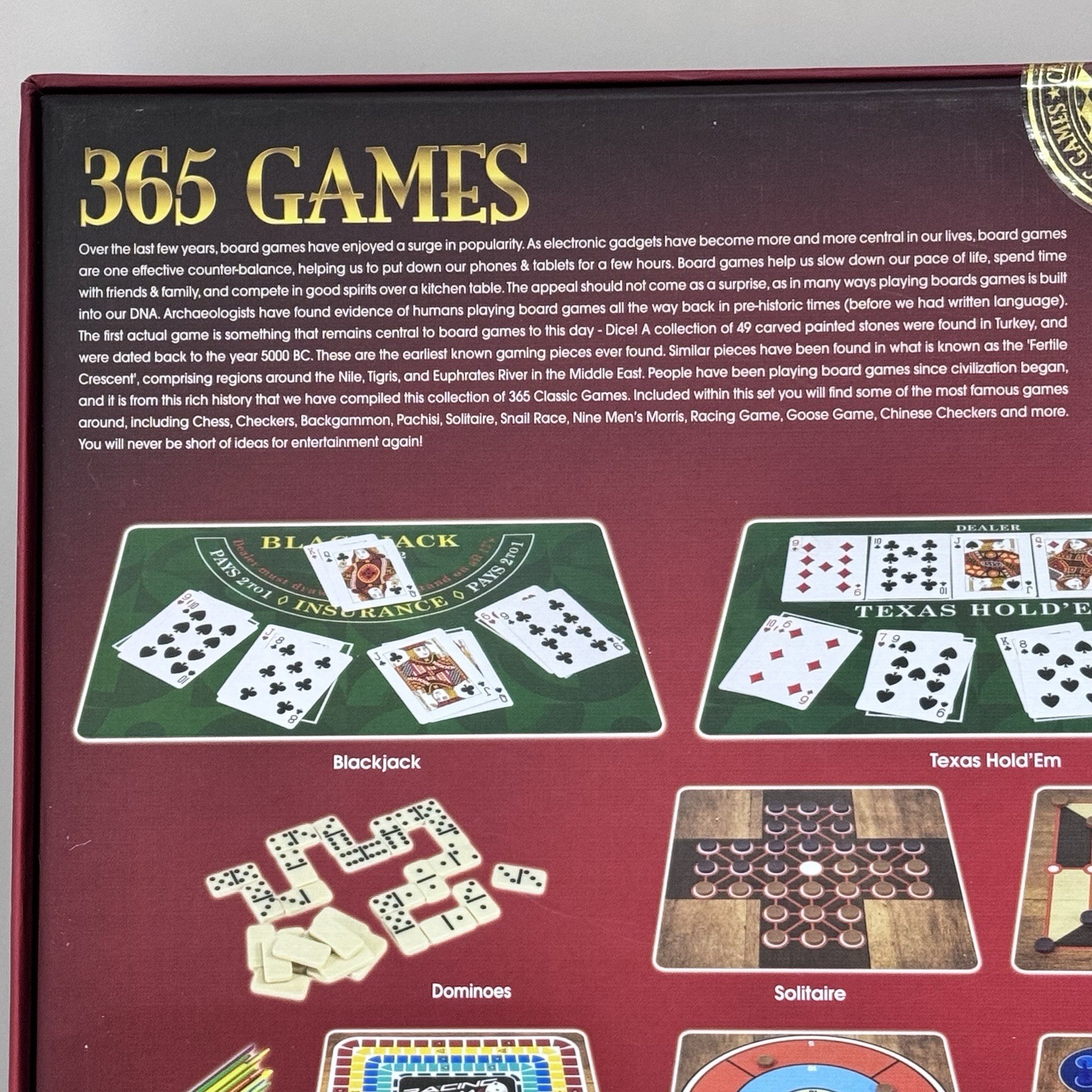 Classic Games 365 Game Set Board Games, Cards Dice, Double Sided Boards Open Box