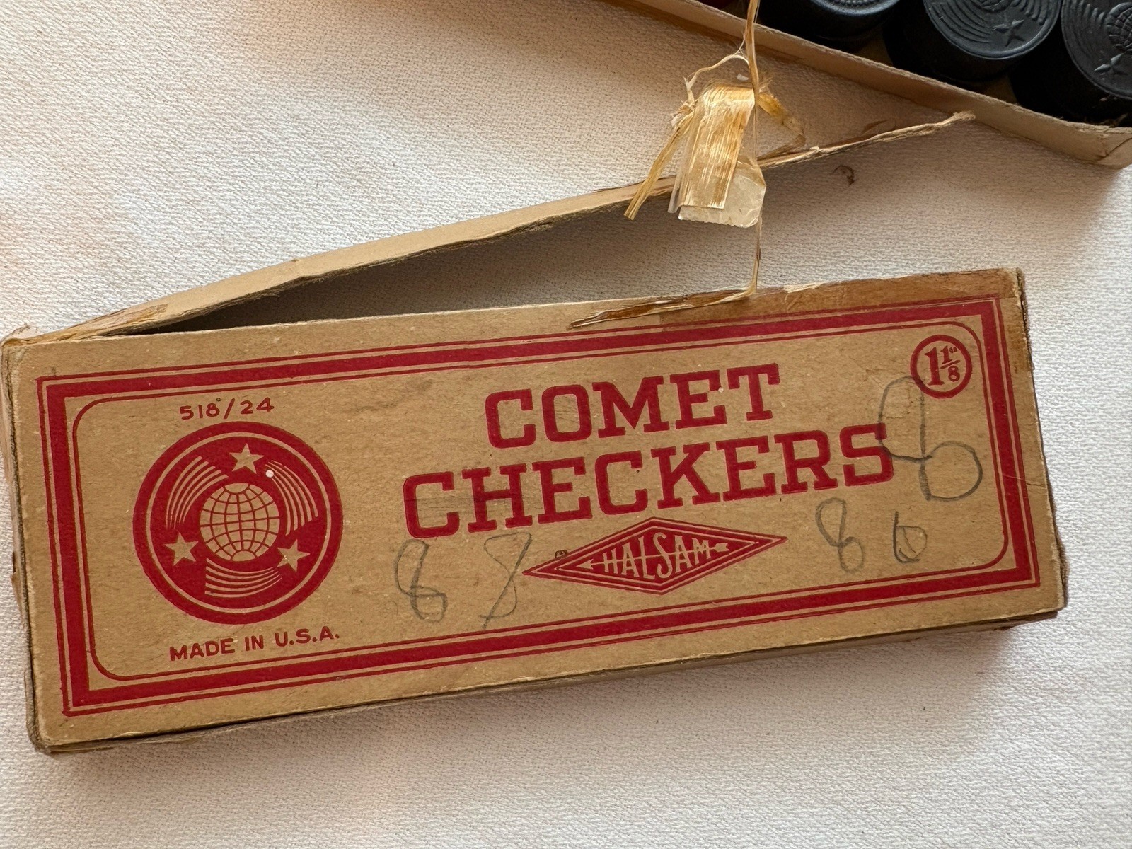 VTG Wooden Halsam Comet 518/24 Checkers Set 24 Pieces Red Black 1 1/8″ U.S.A.