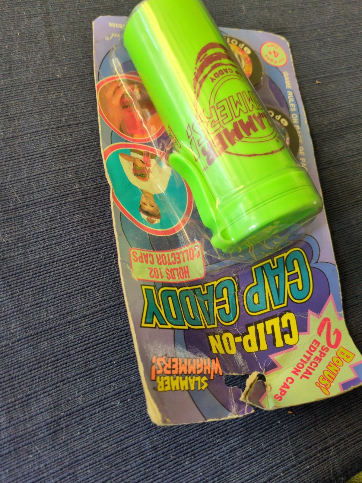 Slammer Whammers Pogs Imperial Toys 1994 Cap Caddy Green Clip On NEW on Card NOS