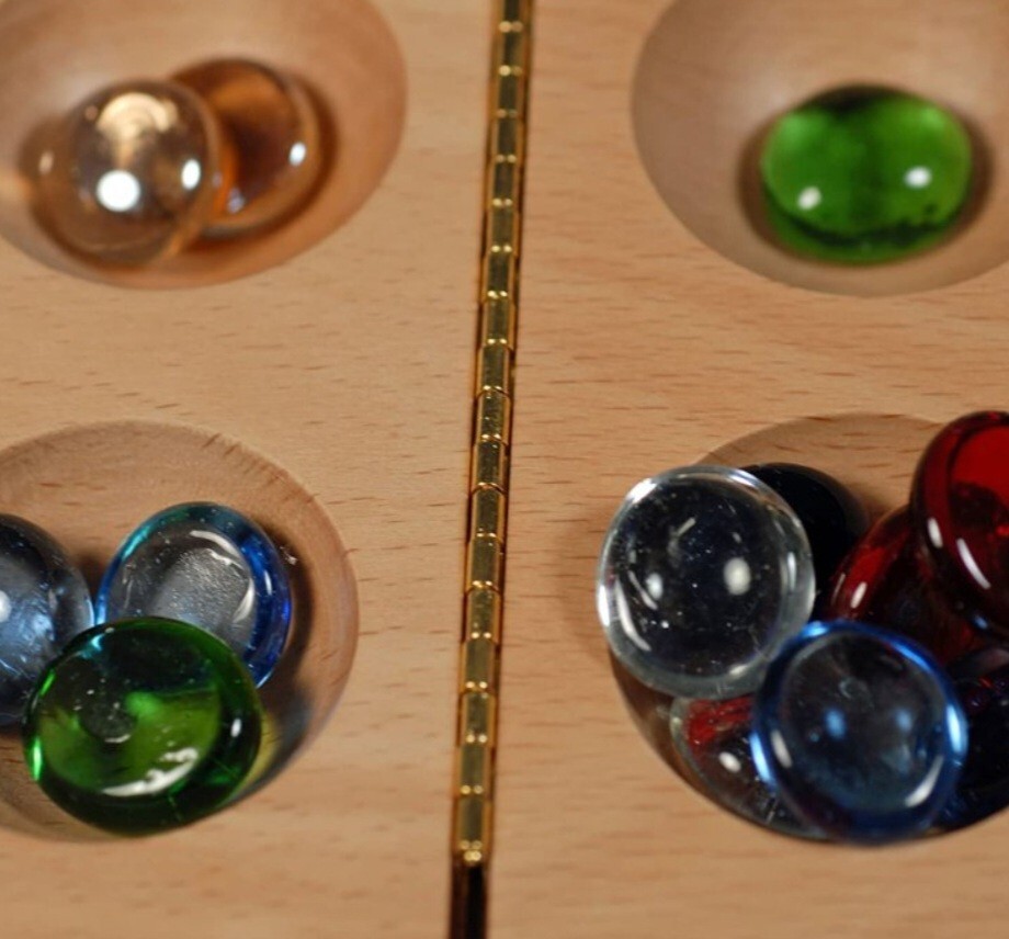 WE Games Folding Mancala – Solid Wood Board Game & Glass Stones