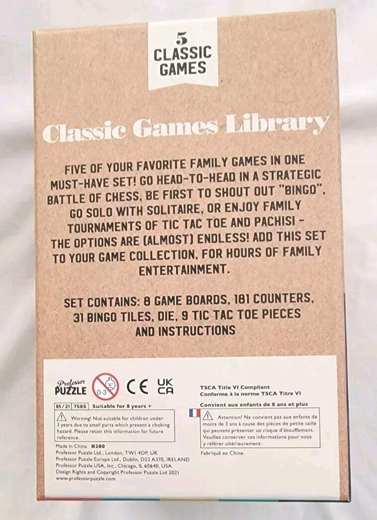 CLASSIC GAMES LIBRARY 5 GAMES Chess Bingo Pachisi Solitaire Tic Tac Set Travel