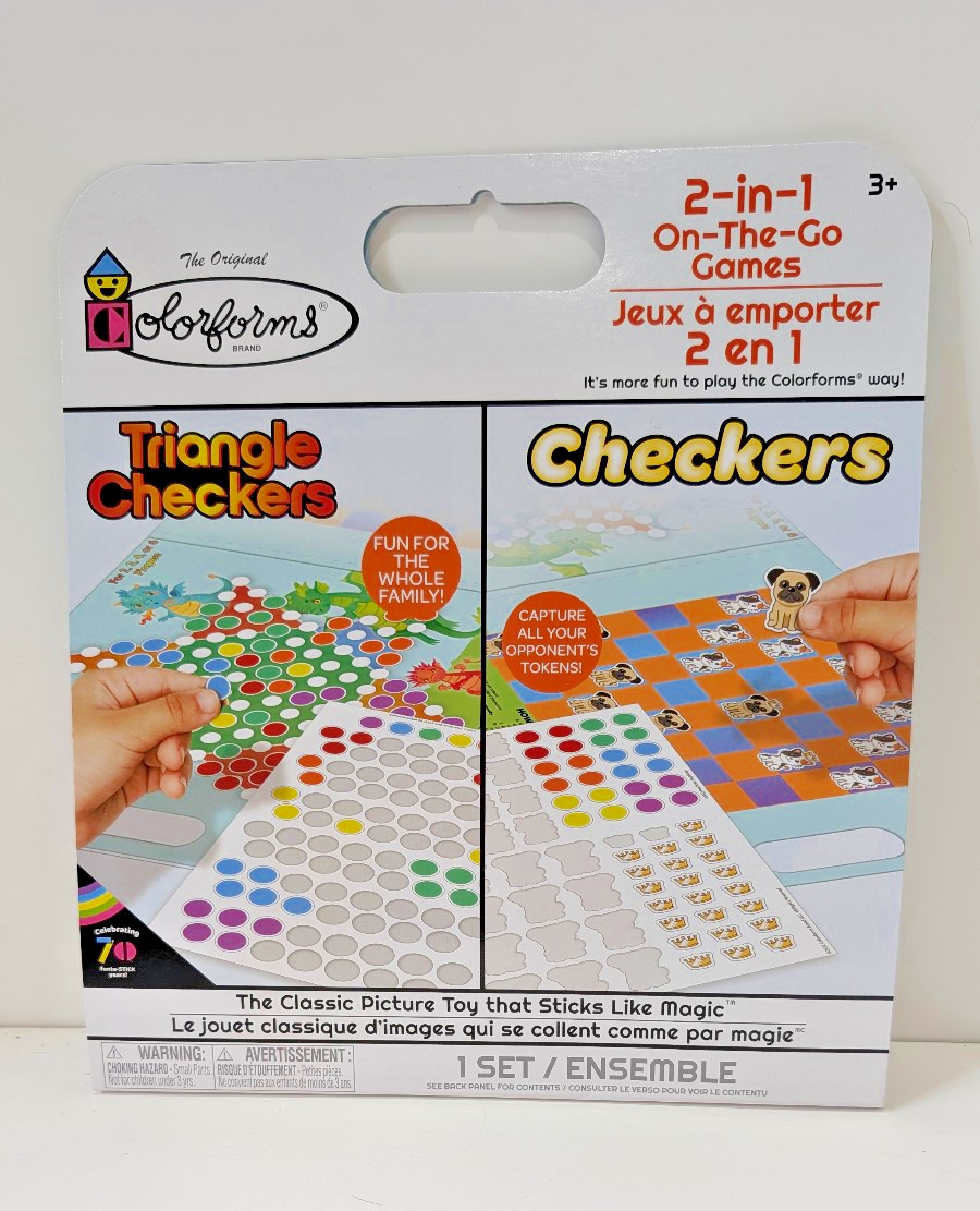 Colorforms 2-in-1 Travel Games Checkers & Triangle Checkers Airplane Roadtrip