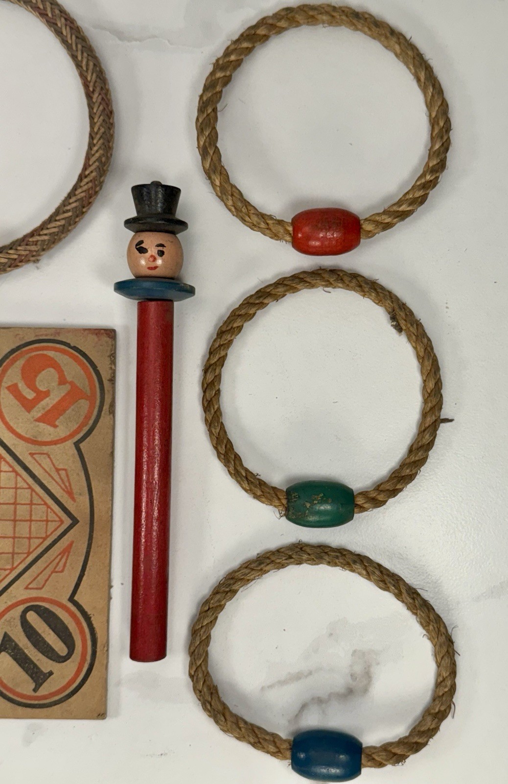 Vintage Wooden Ring Toss Game Clown Figure Rope Rings Folk Art Carnival Toy