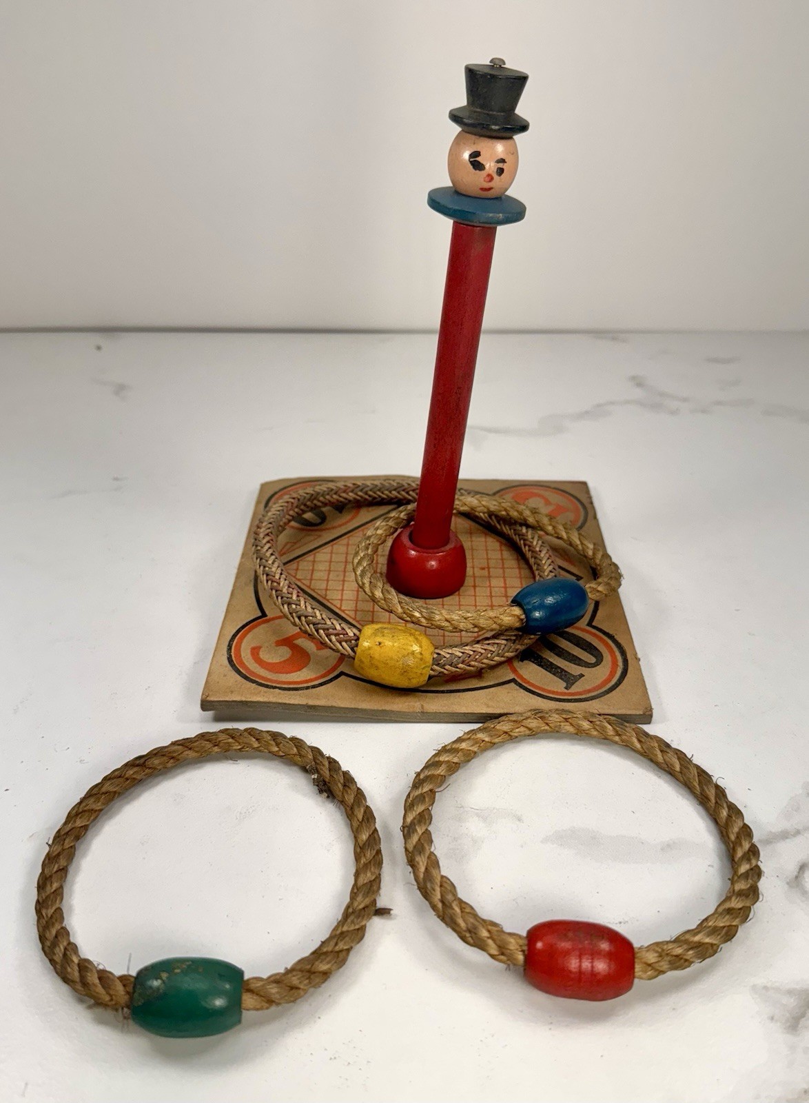 Vintage Wooden Ring Toss Game Clown Figure Rope Rings Folk Art Carnival Toy