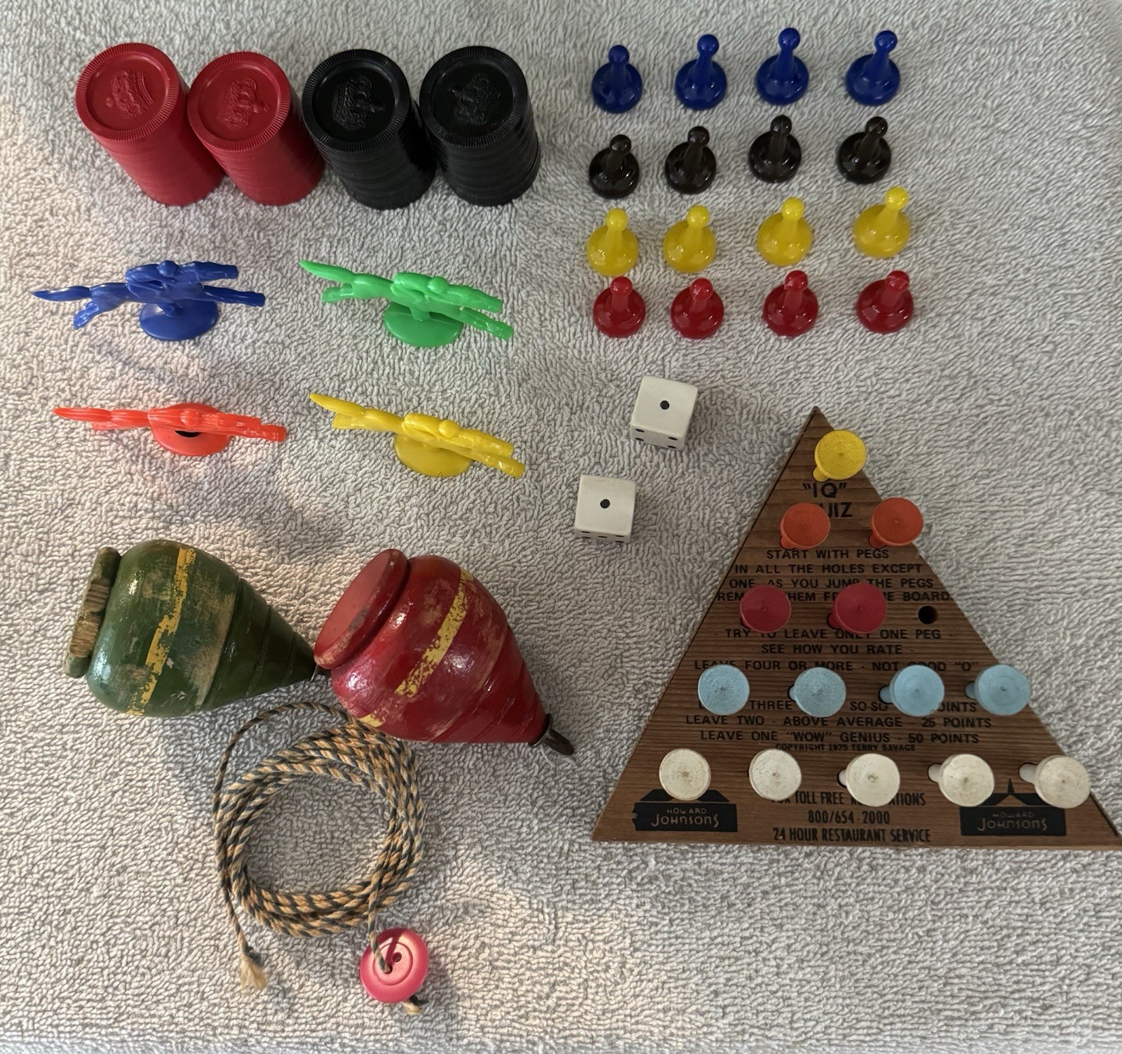 Lot Misc. Vintage Toys Spinner Tops Checkers Game Pieces Dice IQ Quiz +1 see Pic