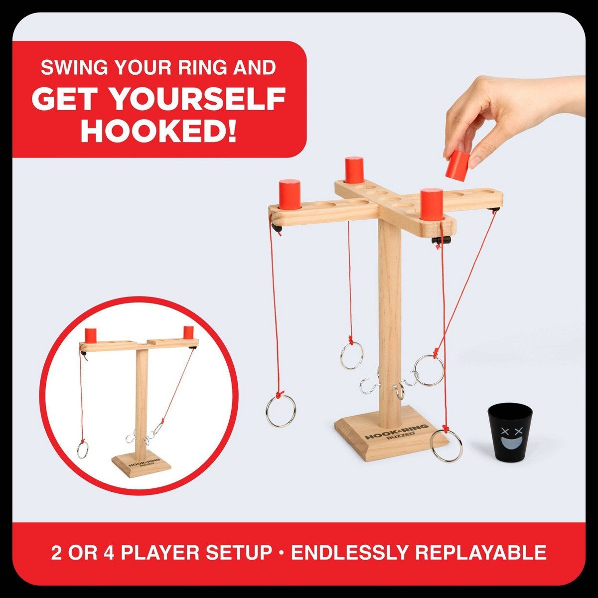 What Do You Meme? Buzzed 4-Way Hook & Ring Toss Game – Wooden Party Game