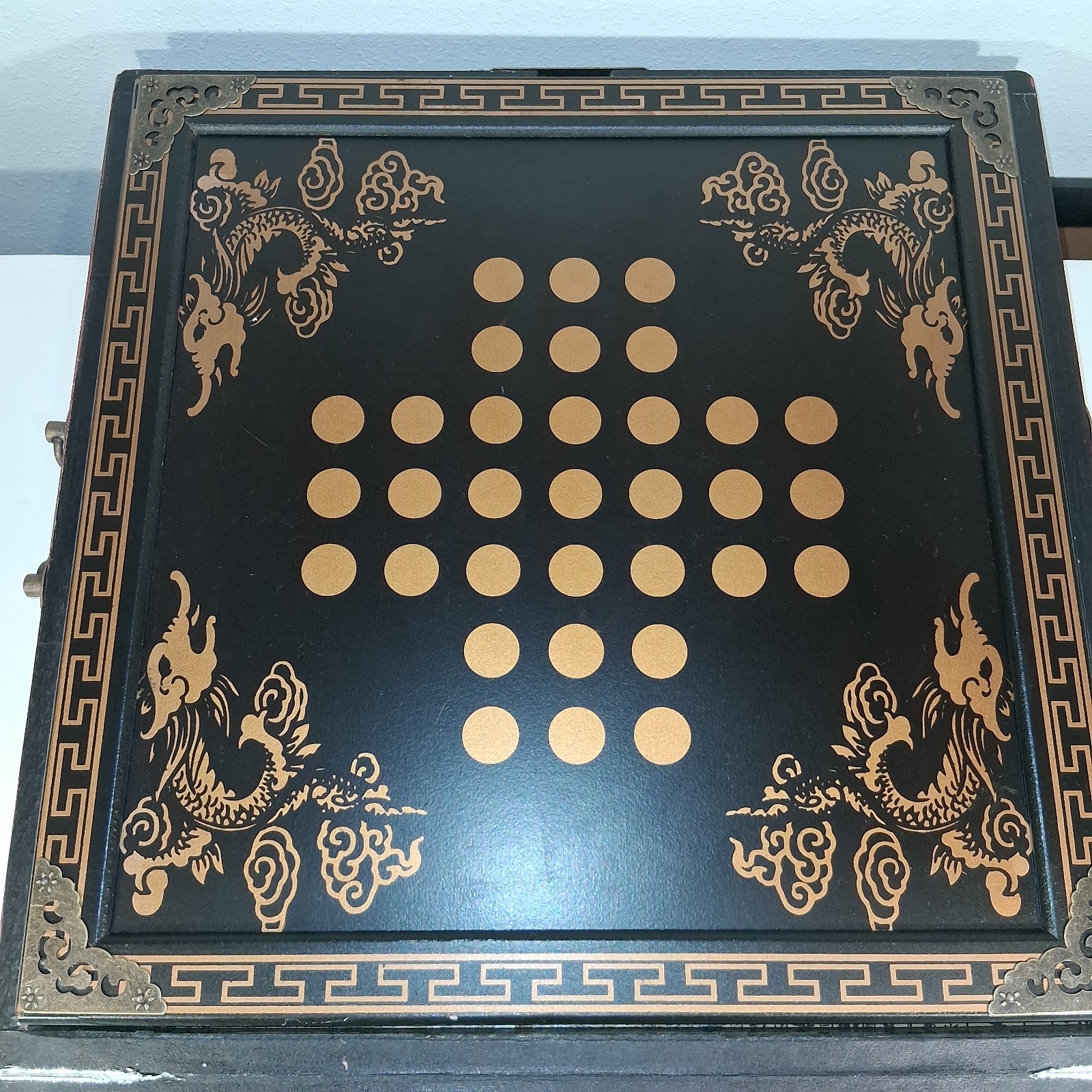 Vintage Chinese Dragon Phoenix Multi Game Chest Chess Backgammon Go Complete 16″