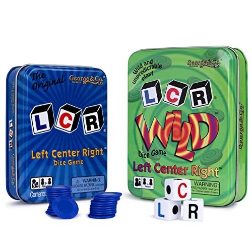 LCR Left Right Center Dice Game in Green Tin Gift Set Bundle – 2 Pack, Blue