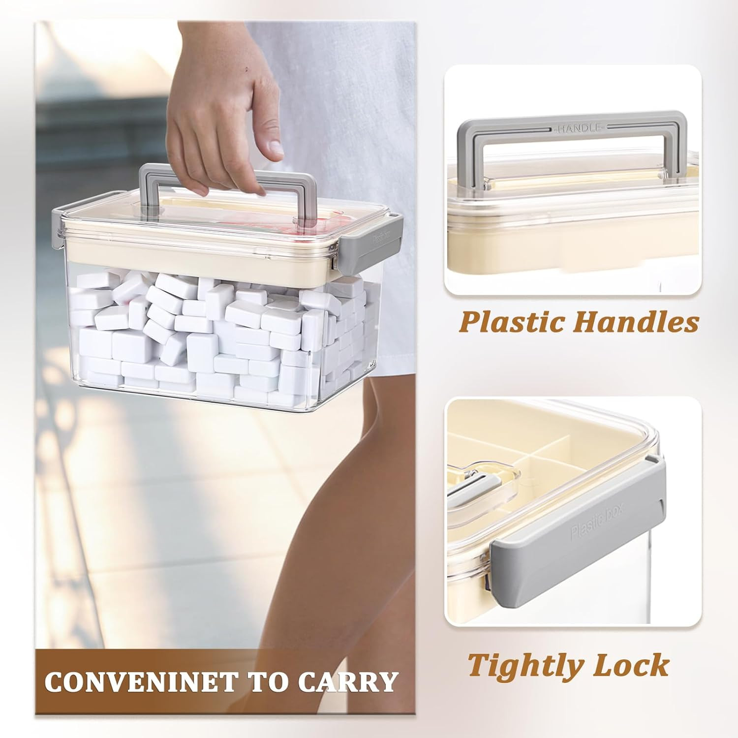 Empty Mahjong Tile Storage Box with Removable Tray, Holds 160-200 Tiles