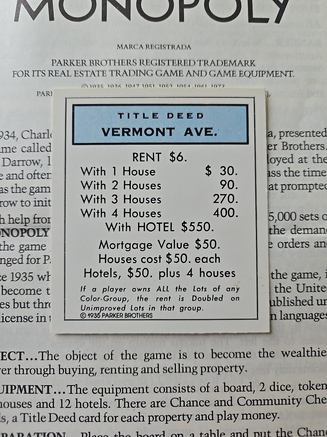 1973 Vintage Monopoly Light Blue Vermont Avenue Title Deed Card Game Piece Part