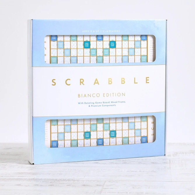 WS Game Company Scrabble Bianco Edition with Rotating Wooden Game Board New