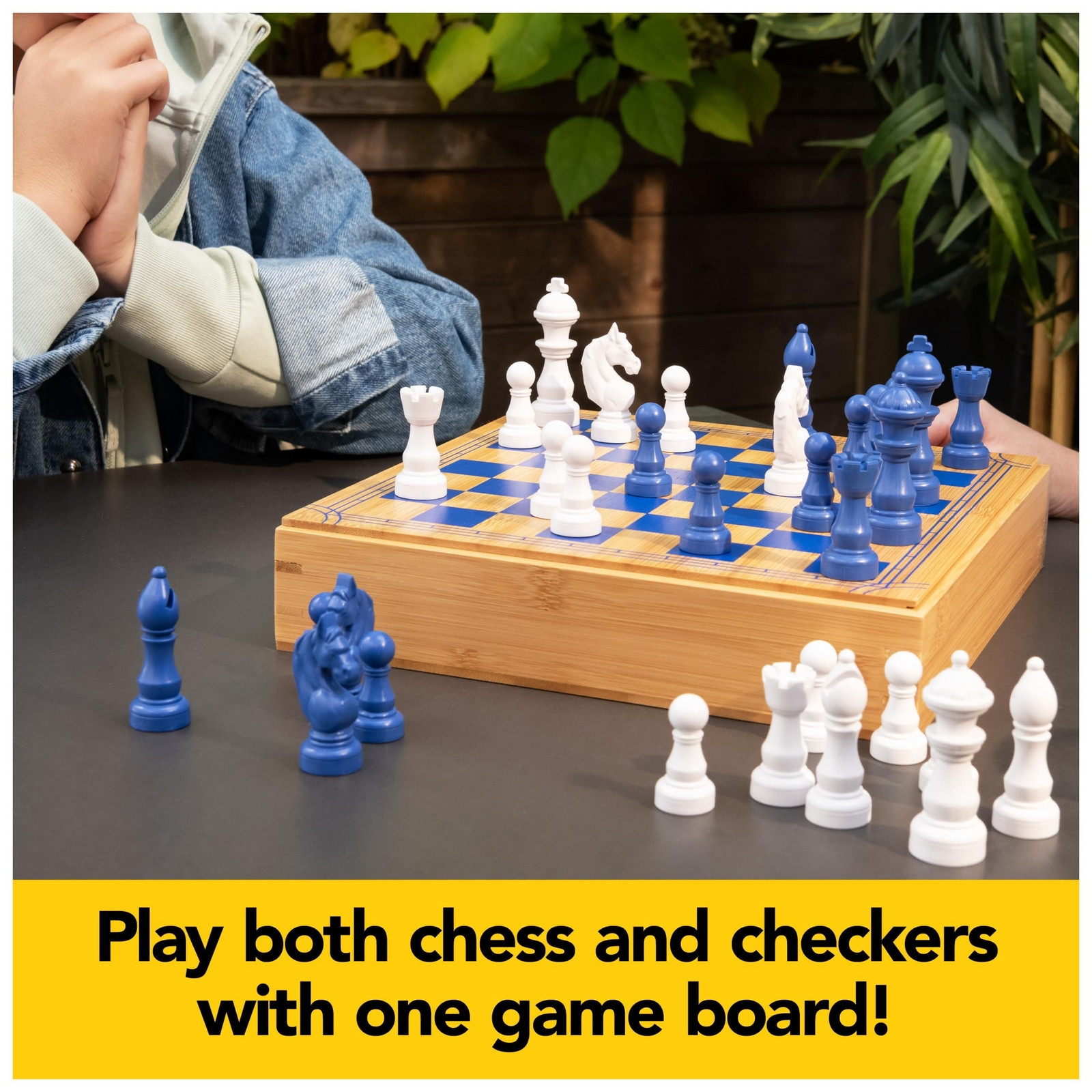 Chess Checkers Board Game Set w/ Bamboo Wooden Box Eco-Friendly Gift Adults/Kids