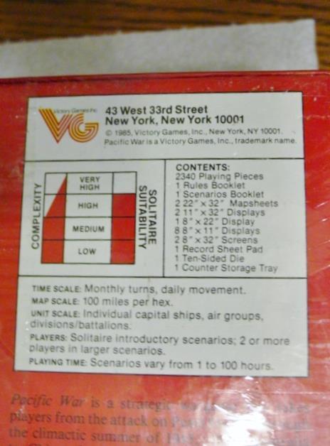 VG Victory Games : PACIFIC WAR game – War Against Japan 1941-45 (SEALED) 1st Ed