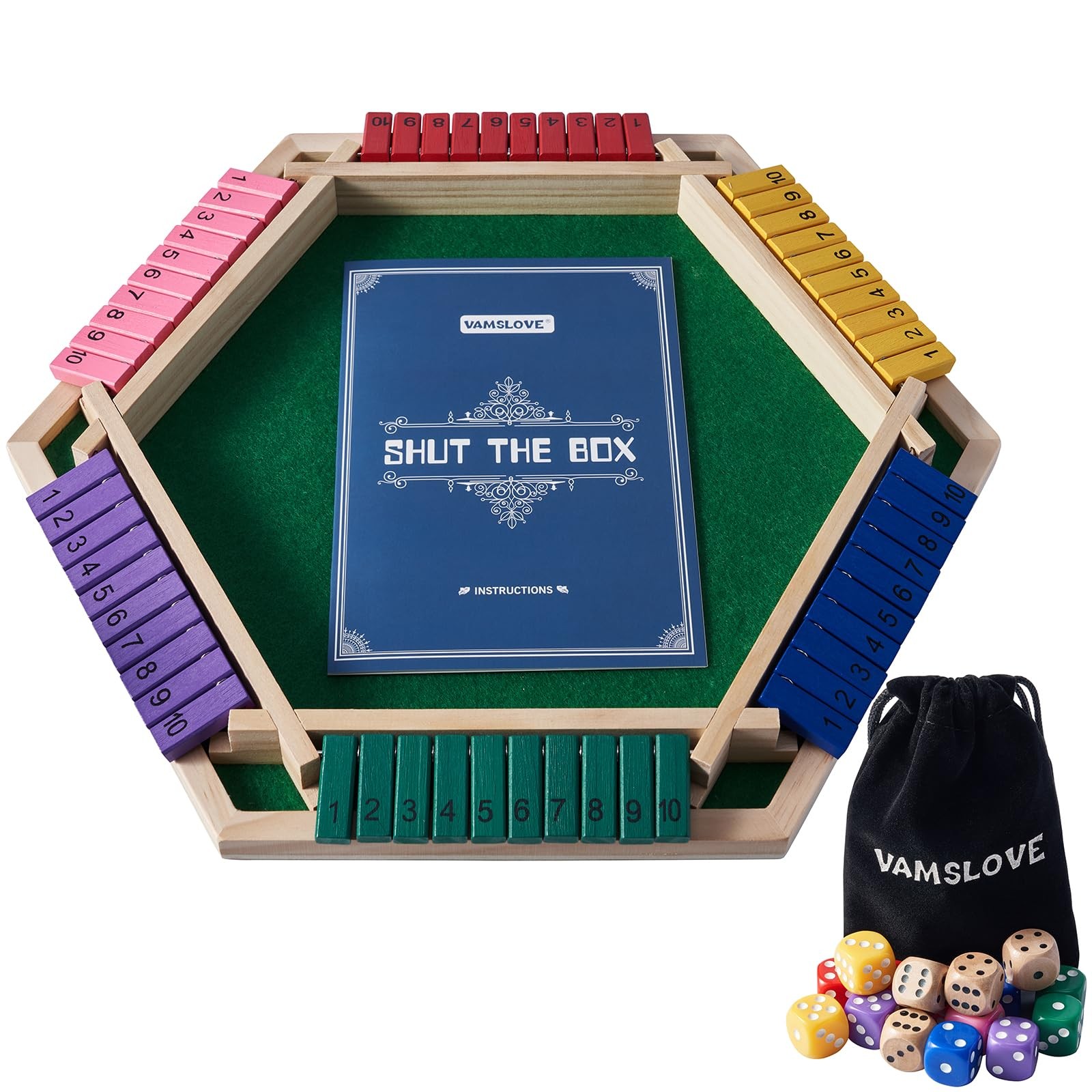 Shut The Box Game for 6 Player with 12+4 Dice – Colorful 6 Sided Wooden Board…