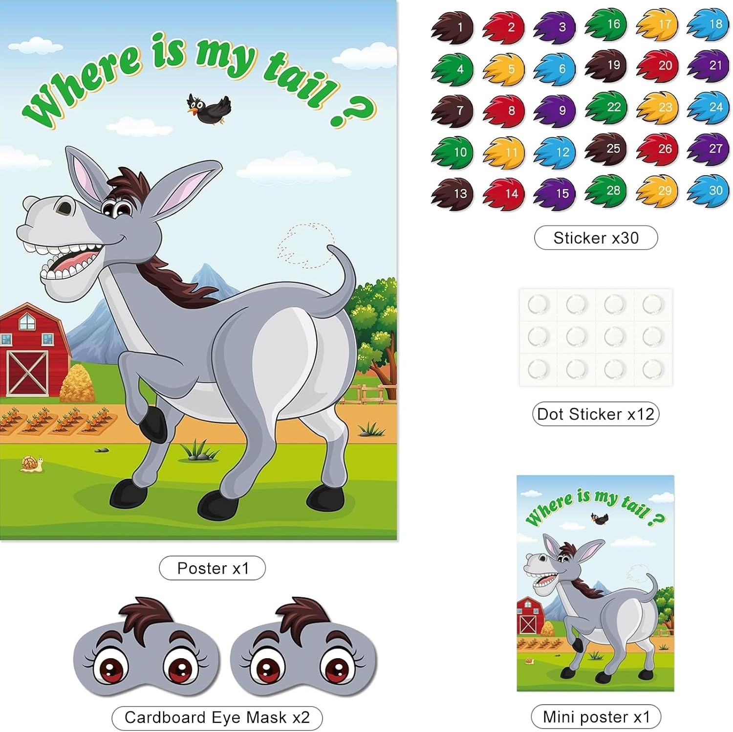 Pin The Tail on The Donkey Party Game for All Ages with 30 Stickers & Blindfold