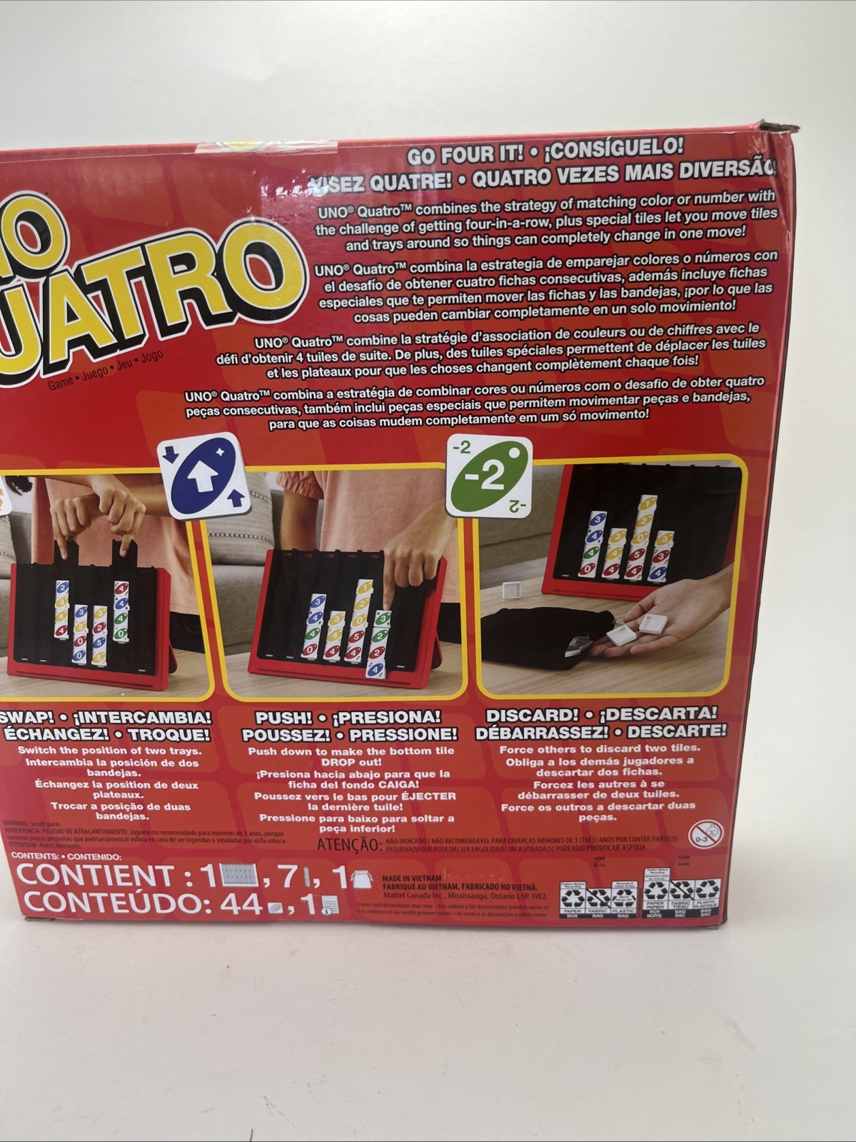 UNO Quatro Game with Colored Tiles & Plastic Game Grid New Open Box