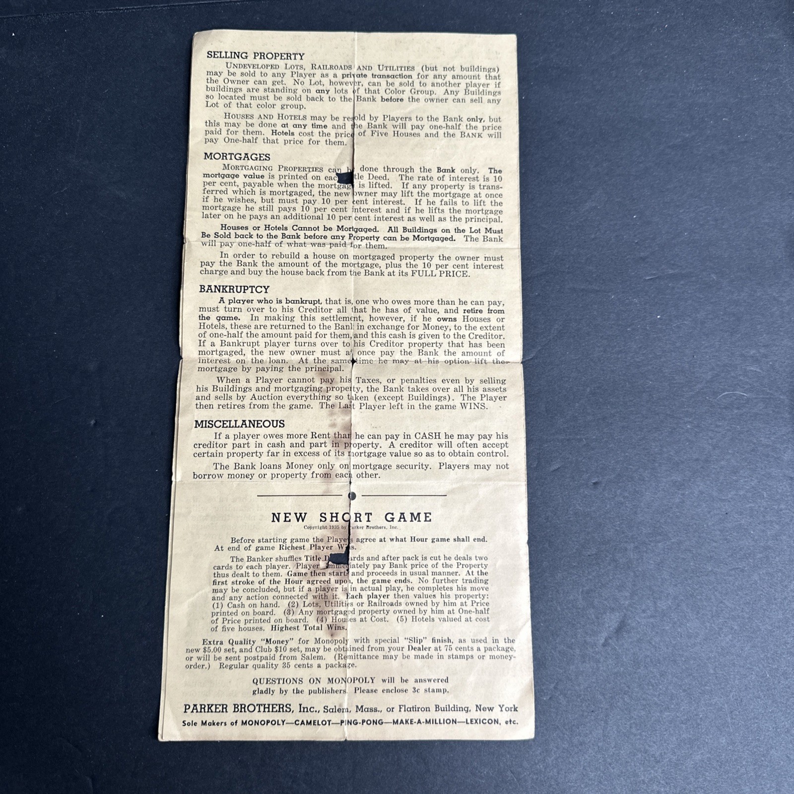 1935 Monopoly Trade-Mark Vintage Original Rules Directions Instructions READ