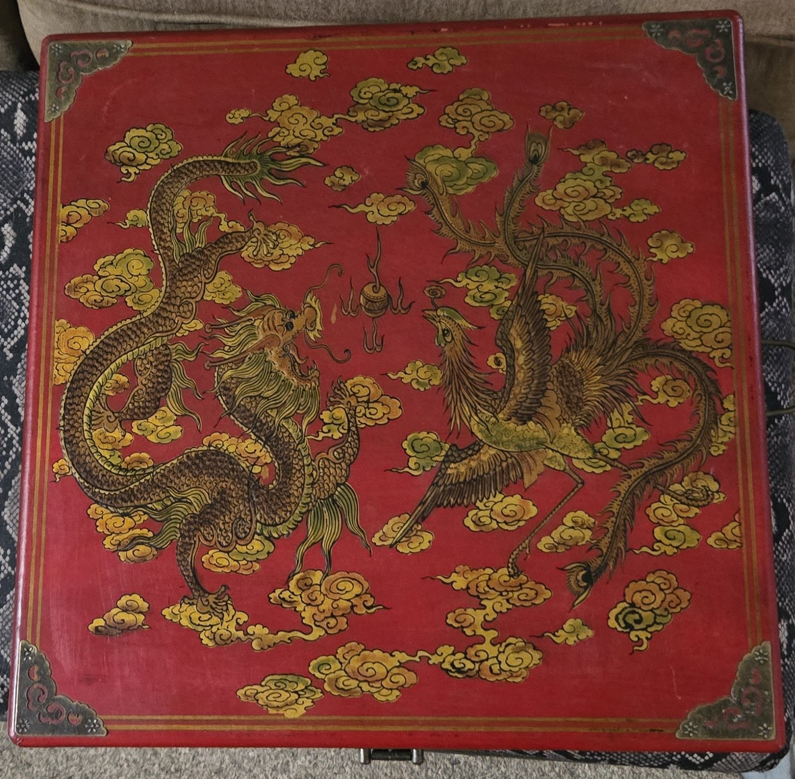 Vintage Red Chinese Game Set Wood Box Dragon & Phoenix Chess Backgammon Checkers