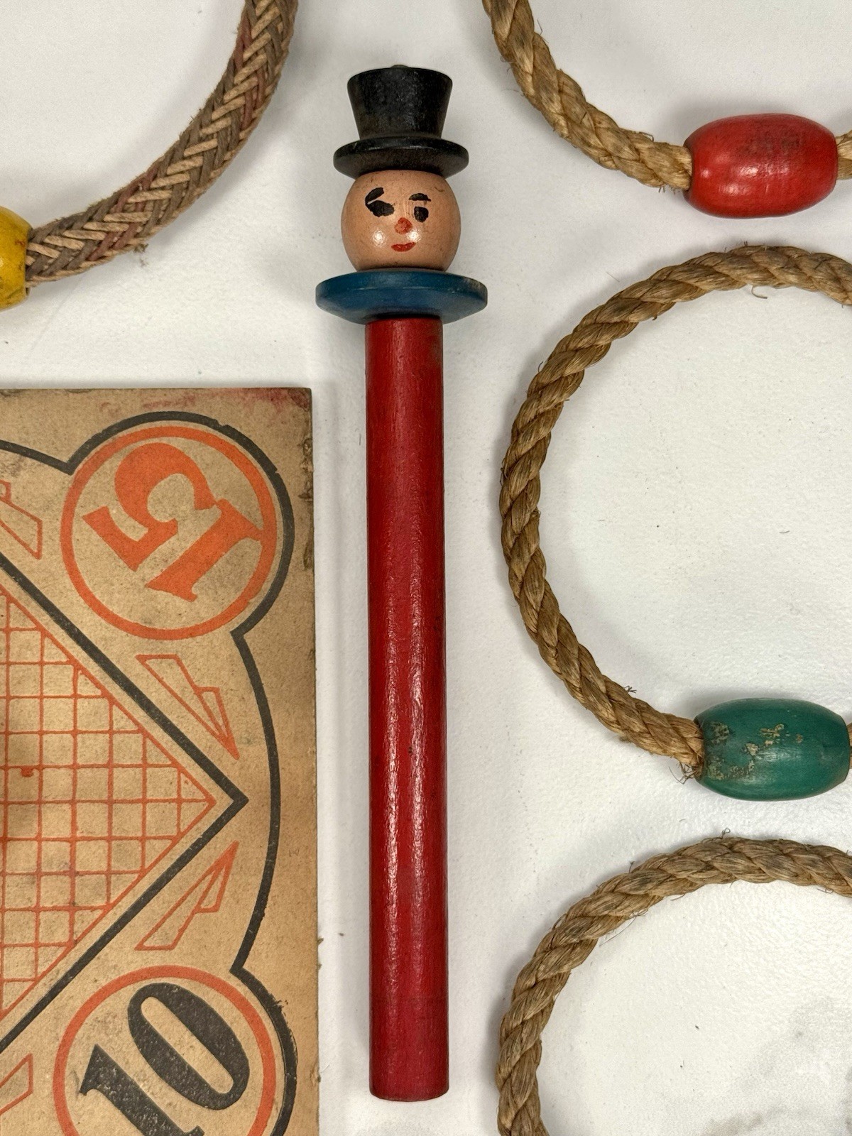 Vintage Wooden Ring Toss Game Clown Figure Rope Rings Folk Art Carnival Toy