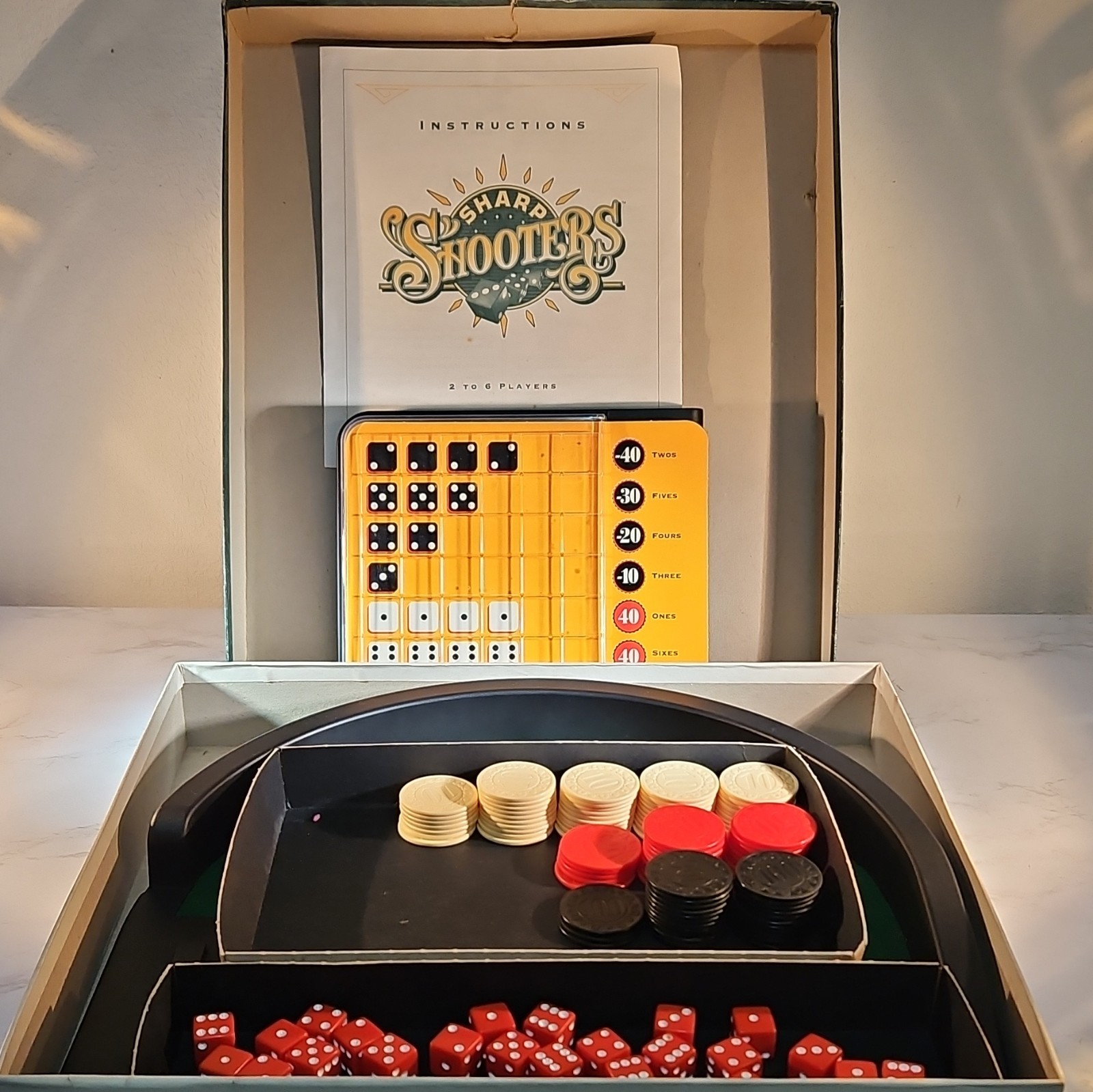 MB Sharp Shooters Dice Game w/ Cards Chips Dice Instructions