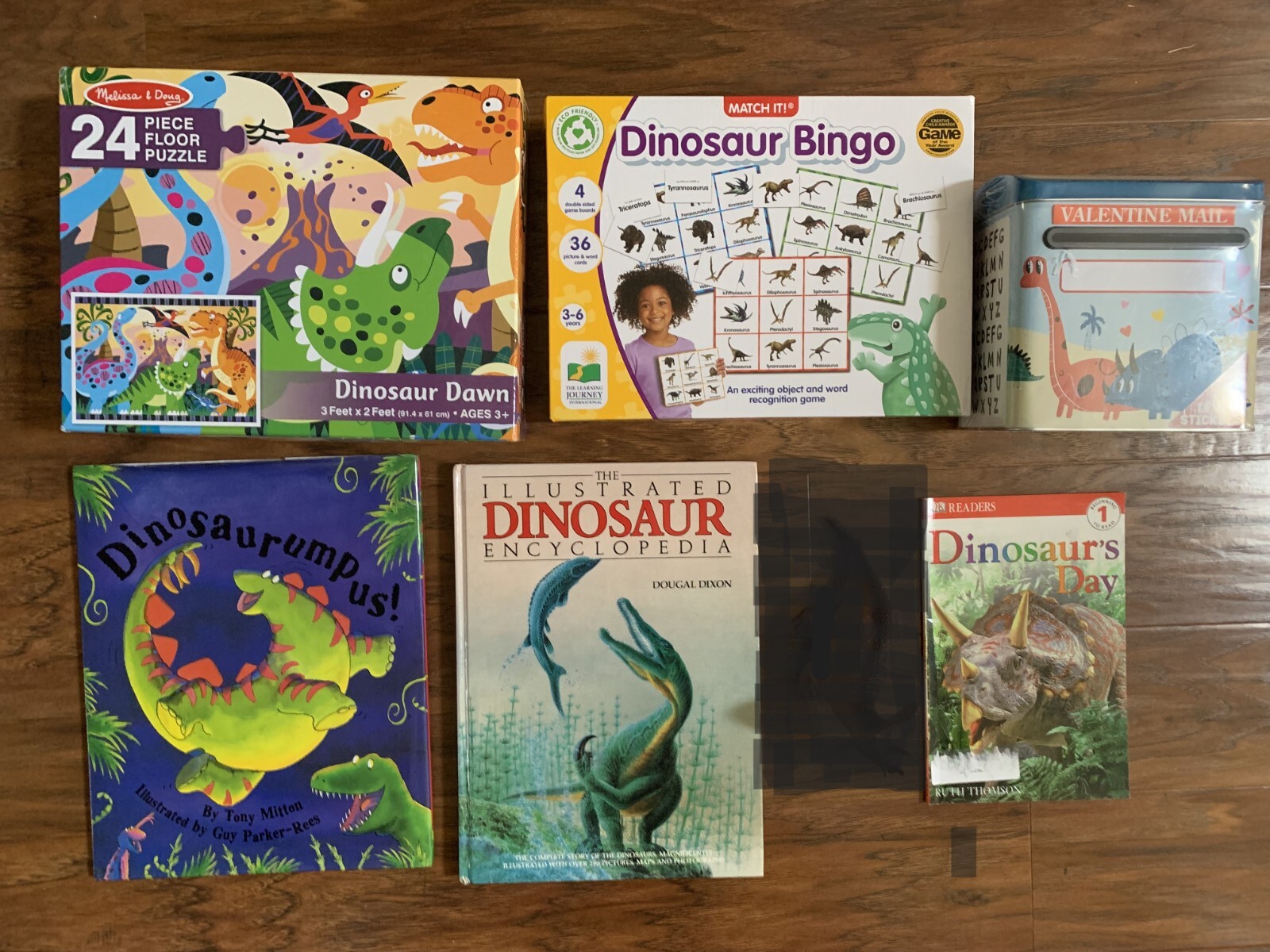Dinosaur Game Lot: Dinosaur Bingo+24Pc Puzzle+3 Books+Dino Valentines Mailbox